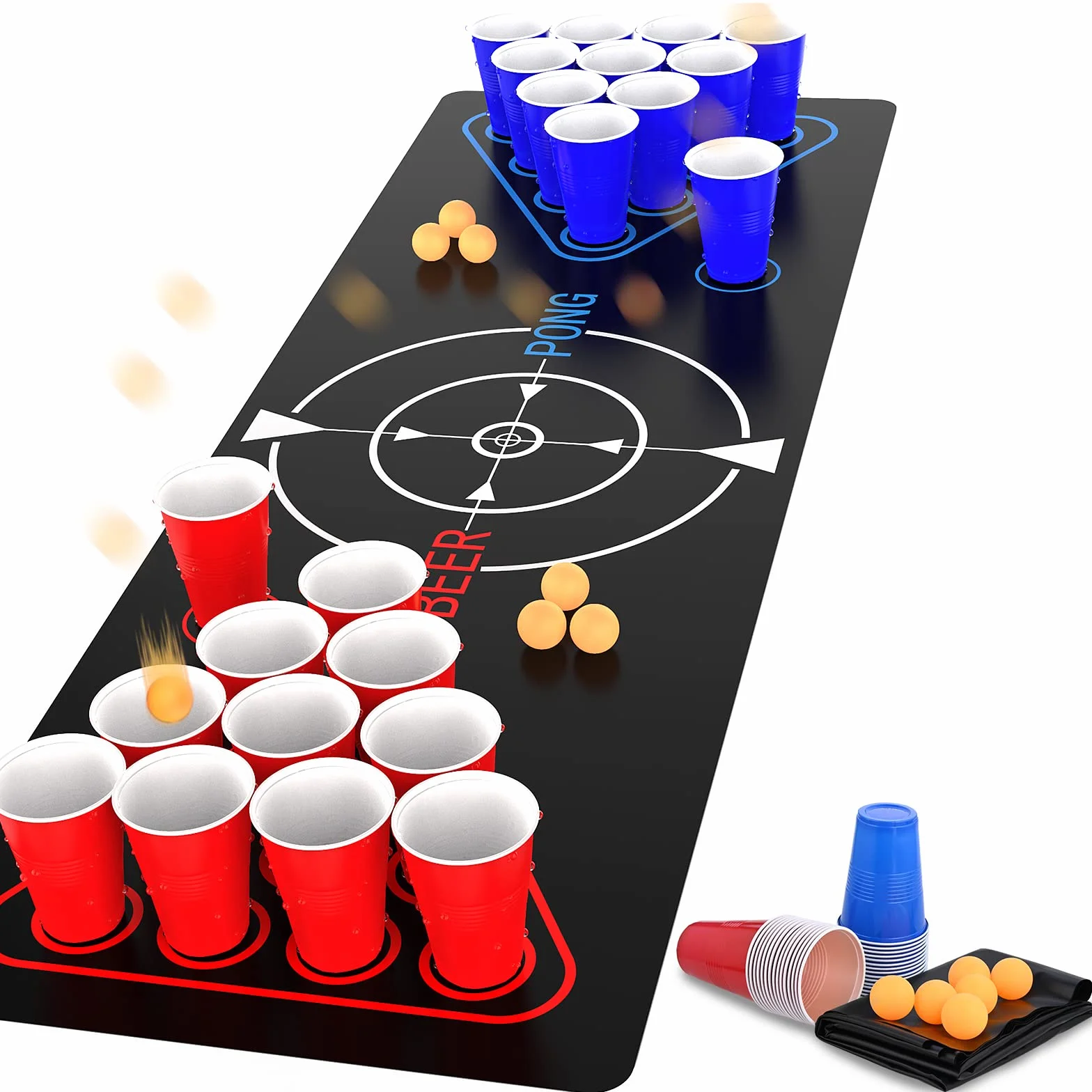 Faburo Mata do Beer Pong 180 x 61 cm Zestaw z 22 Kubkami i 6 Piłkami