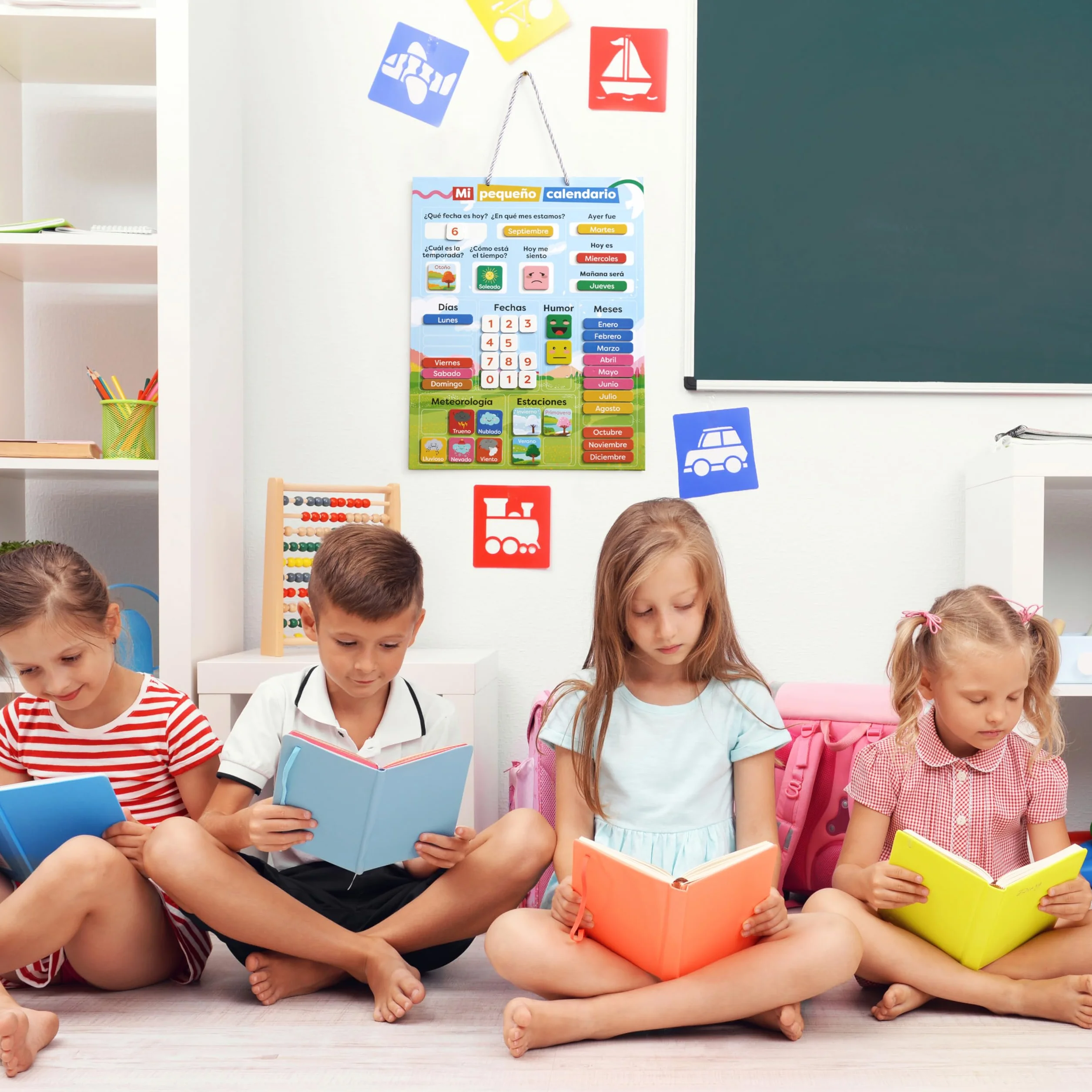 Chuckle Kalendarz magnetyczny dla dzieci ze stacjami, datami i czasem (po hiszpańsku) - 40x32 cm - Zabawna gra edukacyjna dla dzieci w wieku 4-10 lat