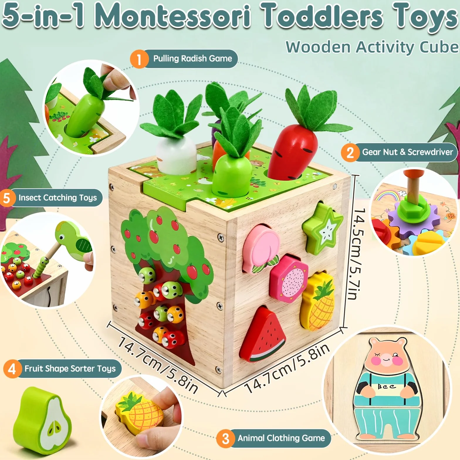 Montessori kostka do ćwiczeń 5 w 1, zabawka dla dzieci od 2 3 4 lata, prezent wielkanocny, 49 szt Montessori zabawka edukacyjna, drewniana zabawka dzieci, centrum aktywności dla dzieci od 18 miesięcy