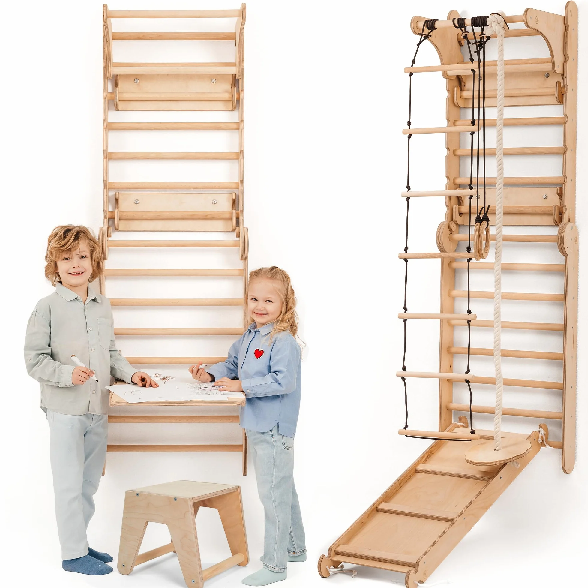 Goodevas Swedish Ladder Indoor Kids Gym: Zestaw do wspinaczki Montessori Play Gym przeznaczony do zastosowania w pomieszczeniu - drewniane zabawki do wspinaczki dla maluchów w wieku 1-7 lat