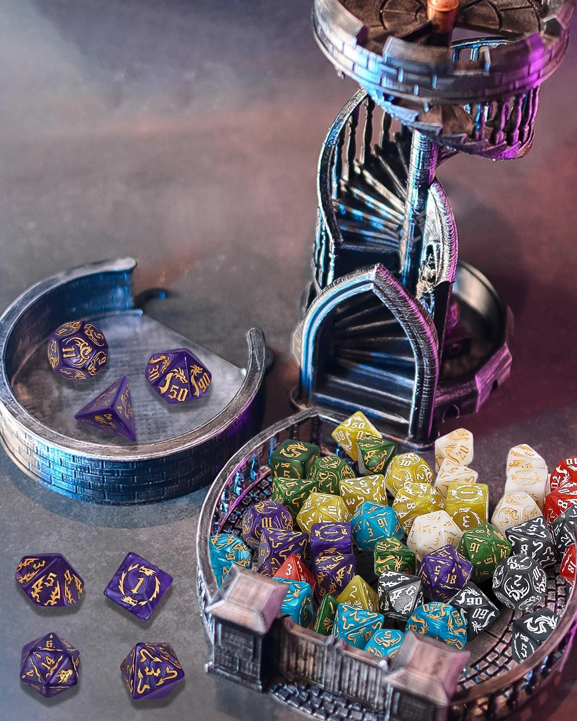 Wielościenne Kości do Gier 7 x 7 (49 szt.) Zestaw Błyszczące z 7 Czarnymi Workami D4 D8 D10 D12 D20 do Dungeons & Dragons RPG MTG DND