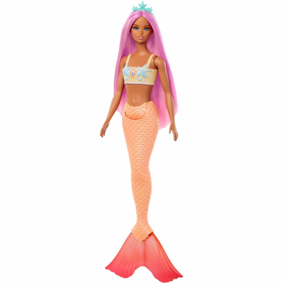 Barbie Mermaid Doll with Pink Fantasy Hair and Headband Accessory, Toy with Starfish-Inspired Bodice and Soft Orange Tail, HRR05