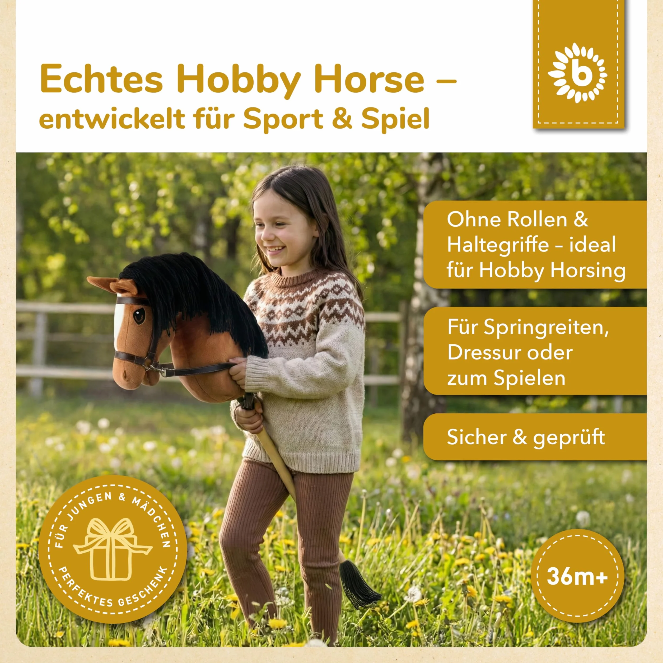 Bieco Hobby Horse konik na kijku, lis, rozmiar S, z trense, spersonalizowany, zdejmowany kij i ogon, do jazdy konnej, ujeżdżania i zabawy, hobby