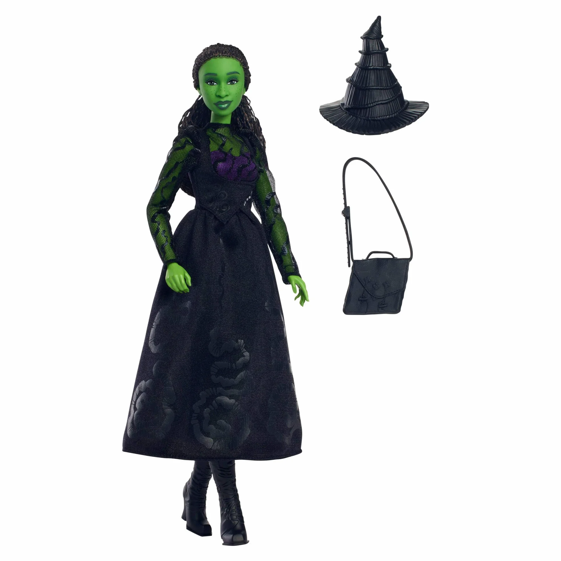 Mattel Universal Wicked Elfaba Lalka modowa do ustawiania w różnych pozach z zieloną skórą, czarnymi warkoczykami i zdejmowaną kreacją oraz akcesoria, HXT62