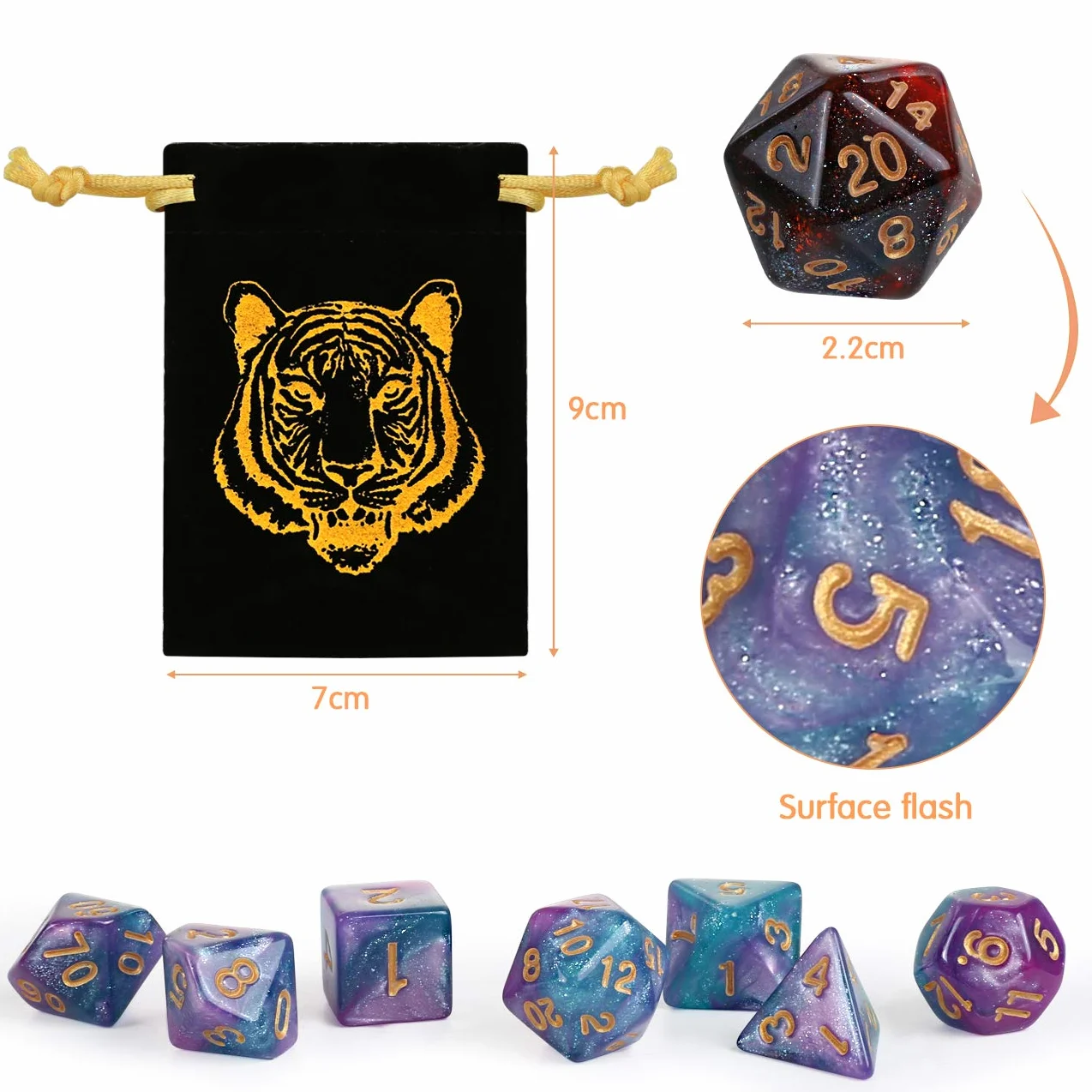 GWHOLE Zestaw 42 sztuk wielościennych błyszczących kostek z woreczkami, podwójne kolory, do gry w Dugeons and Dragons, DND, RPG, MTG, W20, W12, W10, W8, W6, W4, gry karciane