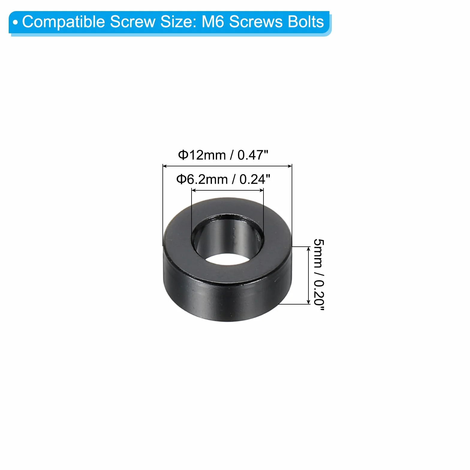 PATIKIL Aluminiowe podkładki dystansowe M6, 6 szt. metalowych przekładek aluminiowych, średnica 6,2 mm x 12 mm średnica zewnętrzna x 5 mm L, aluminiowa śruba dystansowa, okrągła do śrub 1/10.2 cm lub