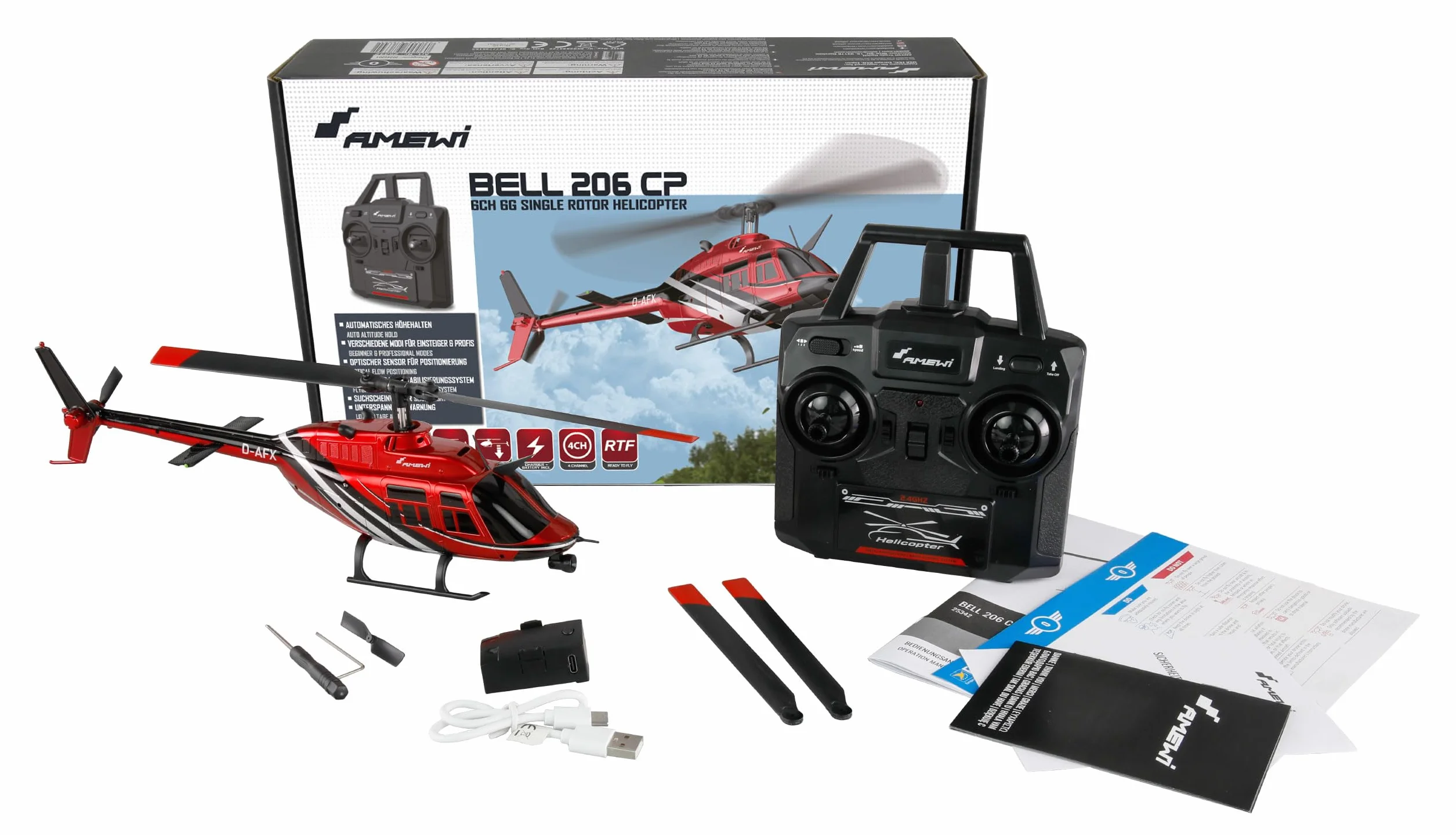 Amewi Bell 206 Jet Ranger CP helikopter 6-kanałowy 6G RTF, zdalnie sterowany helikopter, czerwono-czarny, 1:33