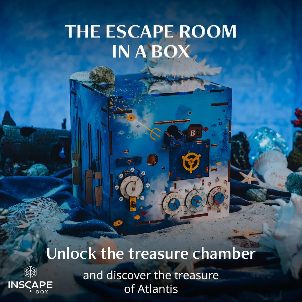 INSCAPE Atlantis Labirynt - Cluebox - Pudełko z Zagadkami - Puzzle Box - Gra Escape Room dla Dorosłych i Dzieci - Gry Logiczne - 3D Puzzle z Drewna - Gry Myślenia - Pudełko na Prezent
