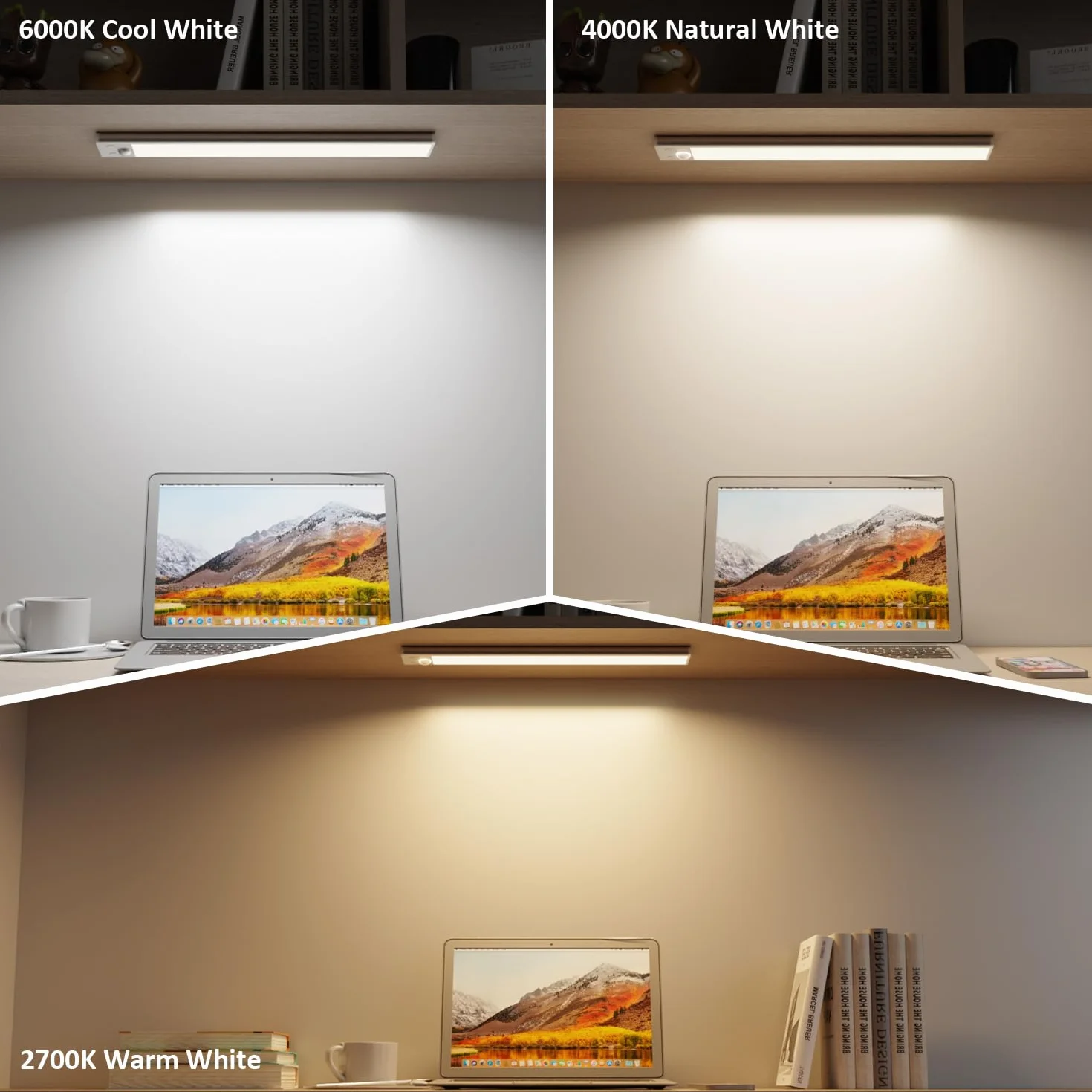 GLUROO Oświetlenie szafki LED z czujnikiem ruchu 30CM, 3 kolory, ciągłe przyciemnianie, oświetlenie pod szafką kuchenną USB C z możliwością ładowania, oświetlenie szafki do sypialni, opakowanie 2 szt