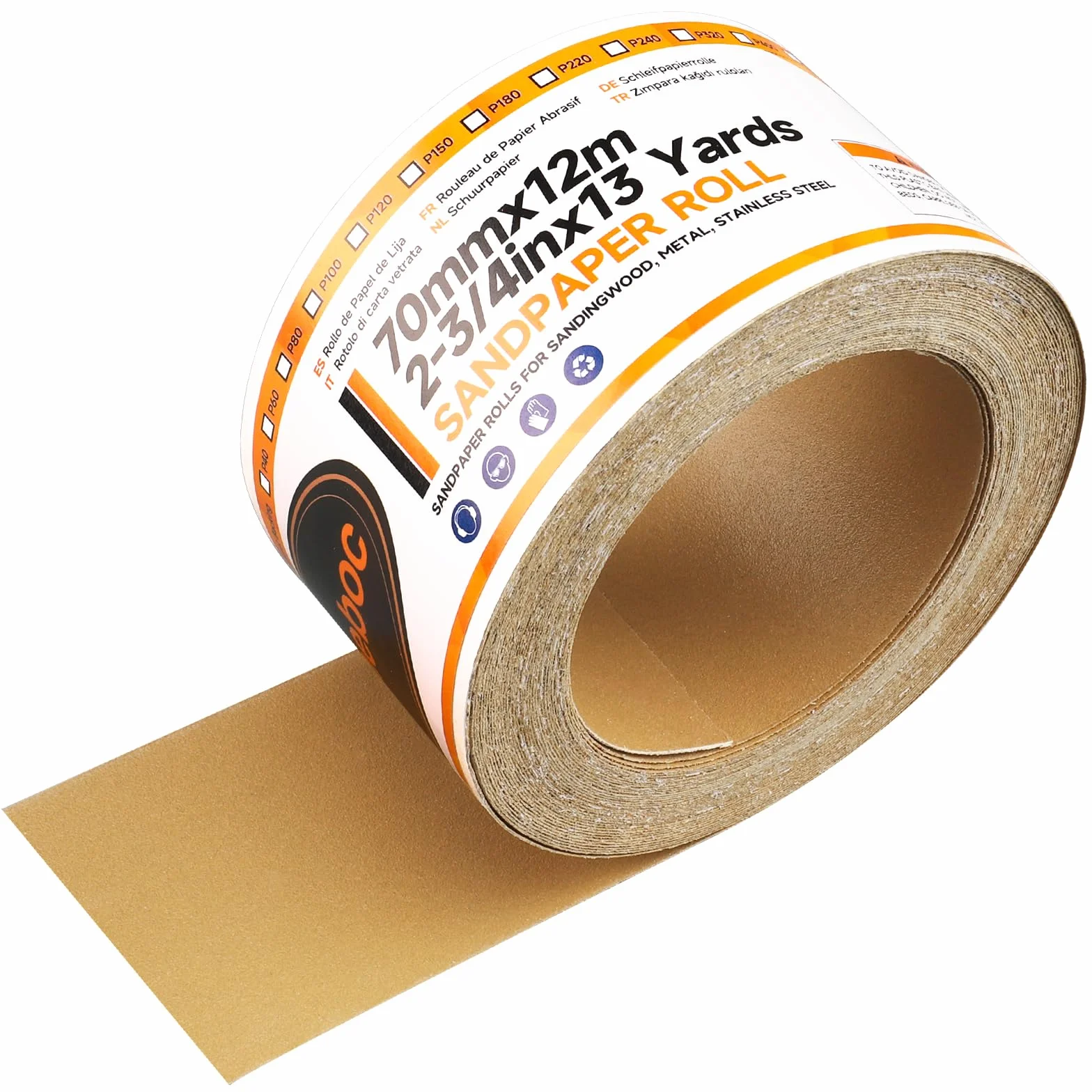 12 m x 70 mm, rolka papieru ściernego, samoprzylepna PSA, papier ścierny, złoty PSA, papier ścierny, długi papier ścierny, tlenek aluminium, papier ścierny do obróbki drewna, metalu,