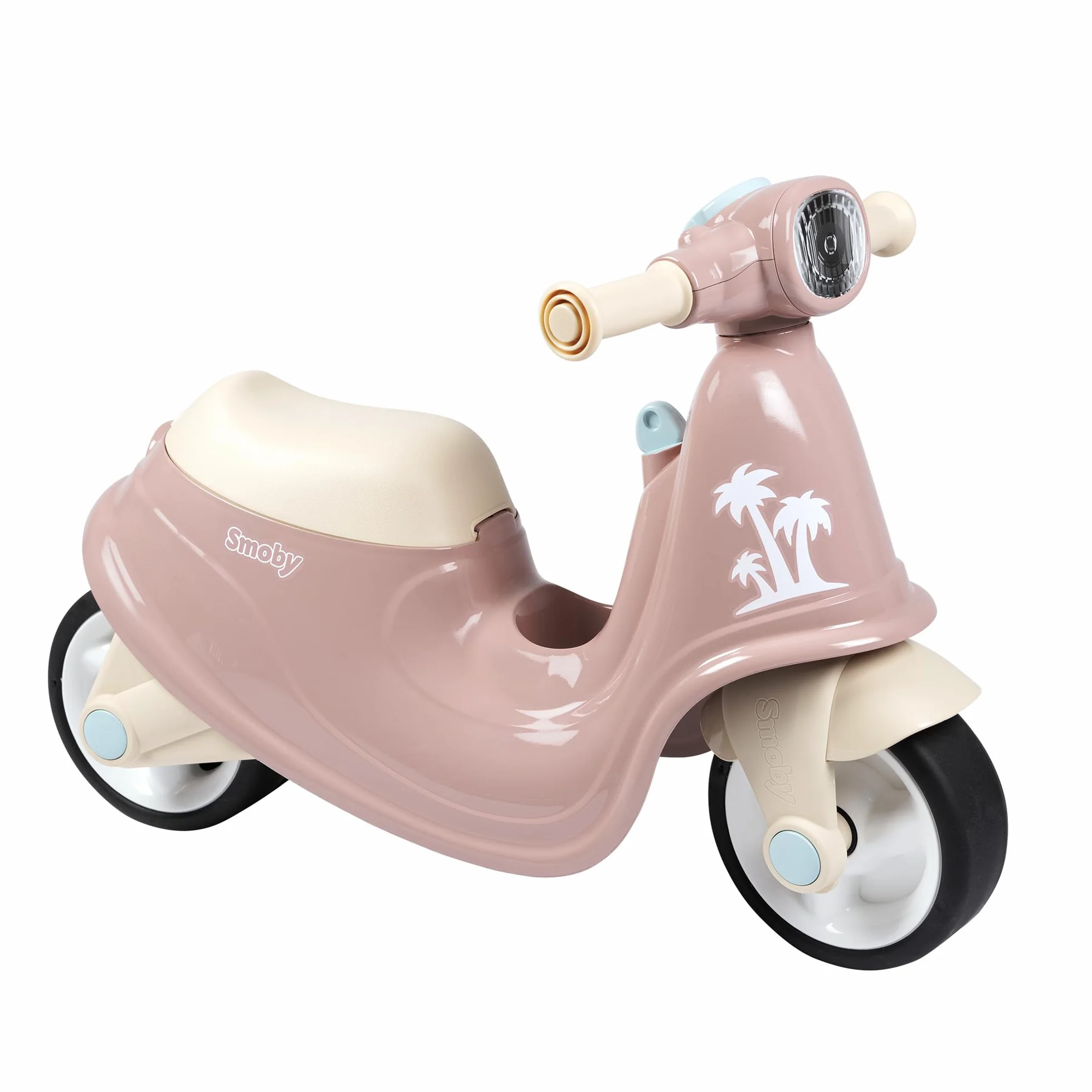Smoby - Różowy skuter jeździk - Realistyczny design - Mechaniczny kluczyk, Przedni reflektor - Ciche koła - Skrzynia na zabawki - Od 18 miesięcy