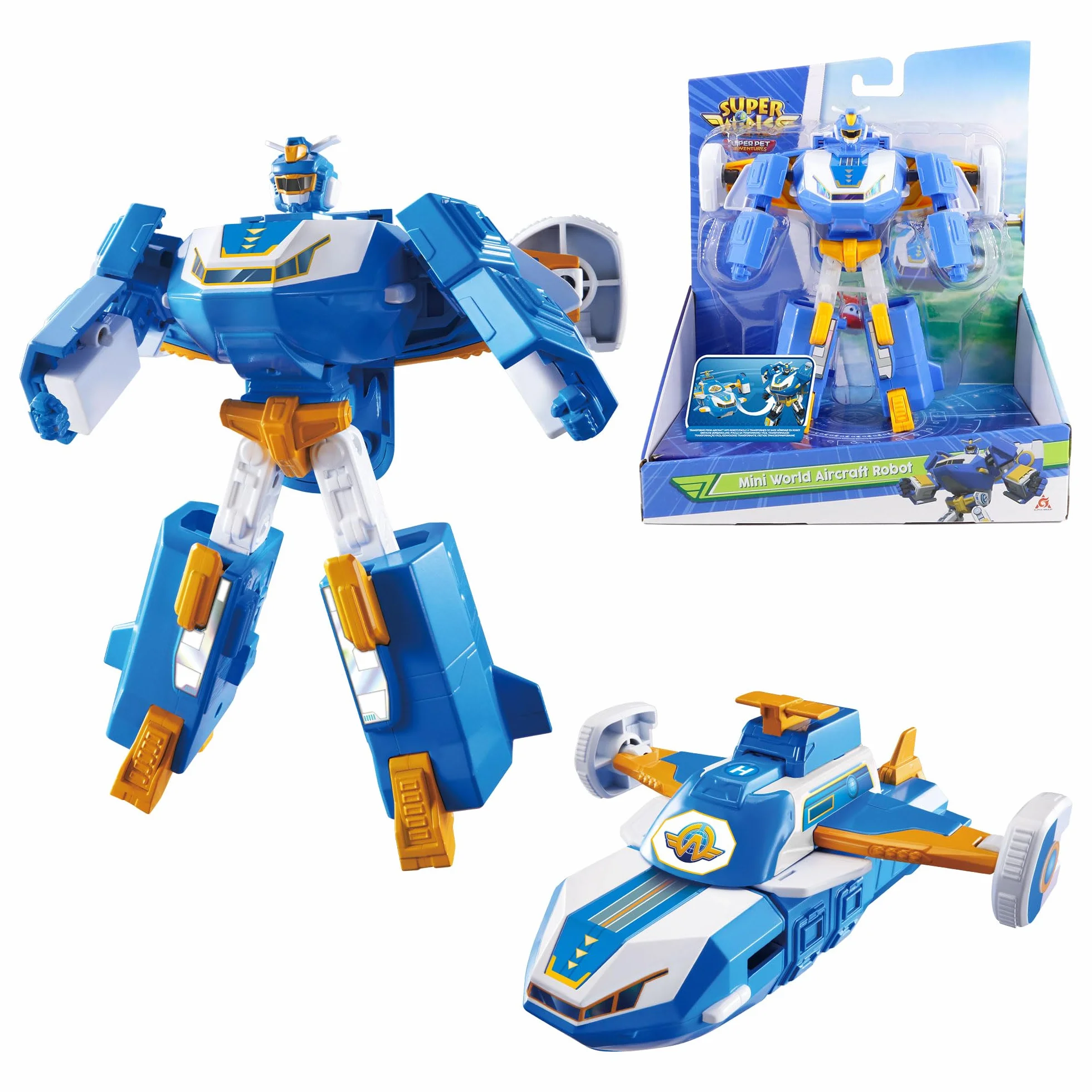 Super Wings 2-w-1 Mini World Aircraft Robot ze świeżym światłem i efektami dźwiękowymi, zabawka dla chłopców i dziewcząt powyżej 3 lat
