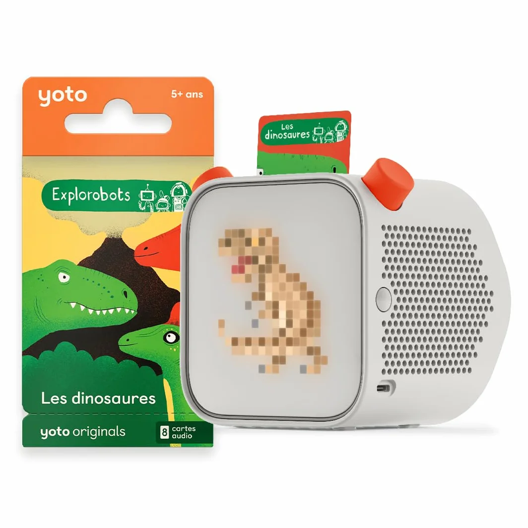 Yoto Player (3. generacja) + The Explorobots: Dinozaury, Storybox, Storyteller z światłem nocnym, zegarem, 8 francuskimi audiobookami dla dzieci, pierwsze opowiadania 5 do 10 lat