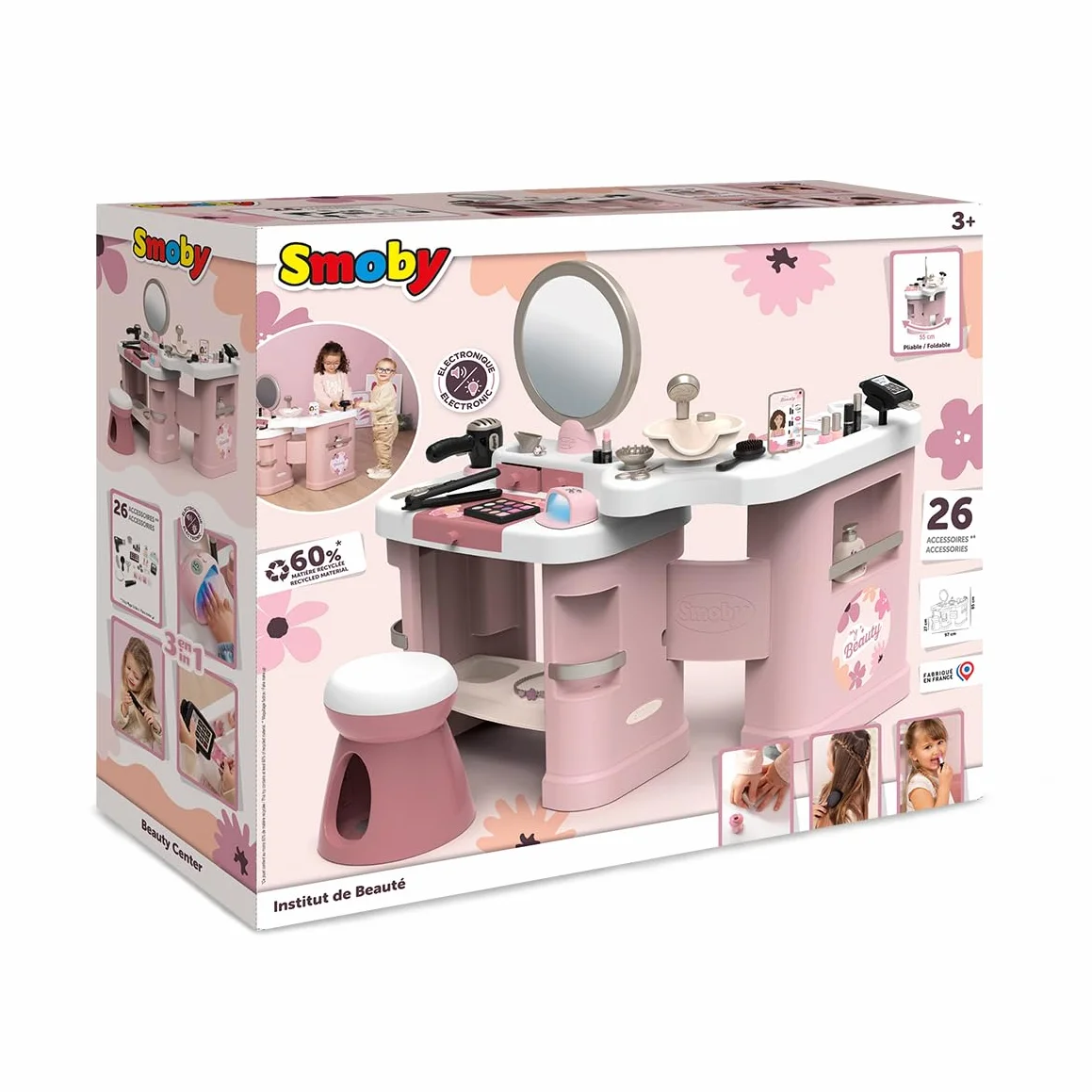 Smoby - My Beauty Center - 3 w 1 Beauty Institute - Fryzjerstwo, Salon paznokci, Sztuczny makijaż - 26 akcesoriów - Materiał z recyklingu - Od 3 lat - Wyprodukowano we Francji