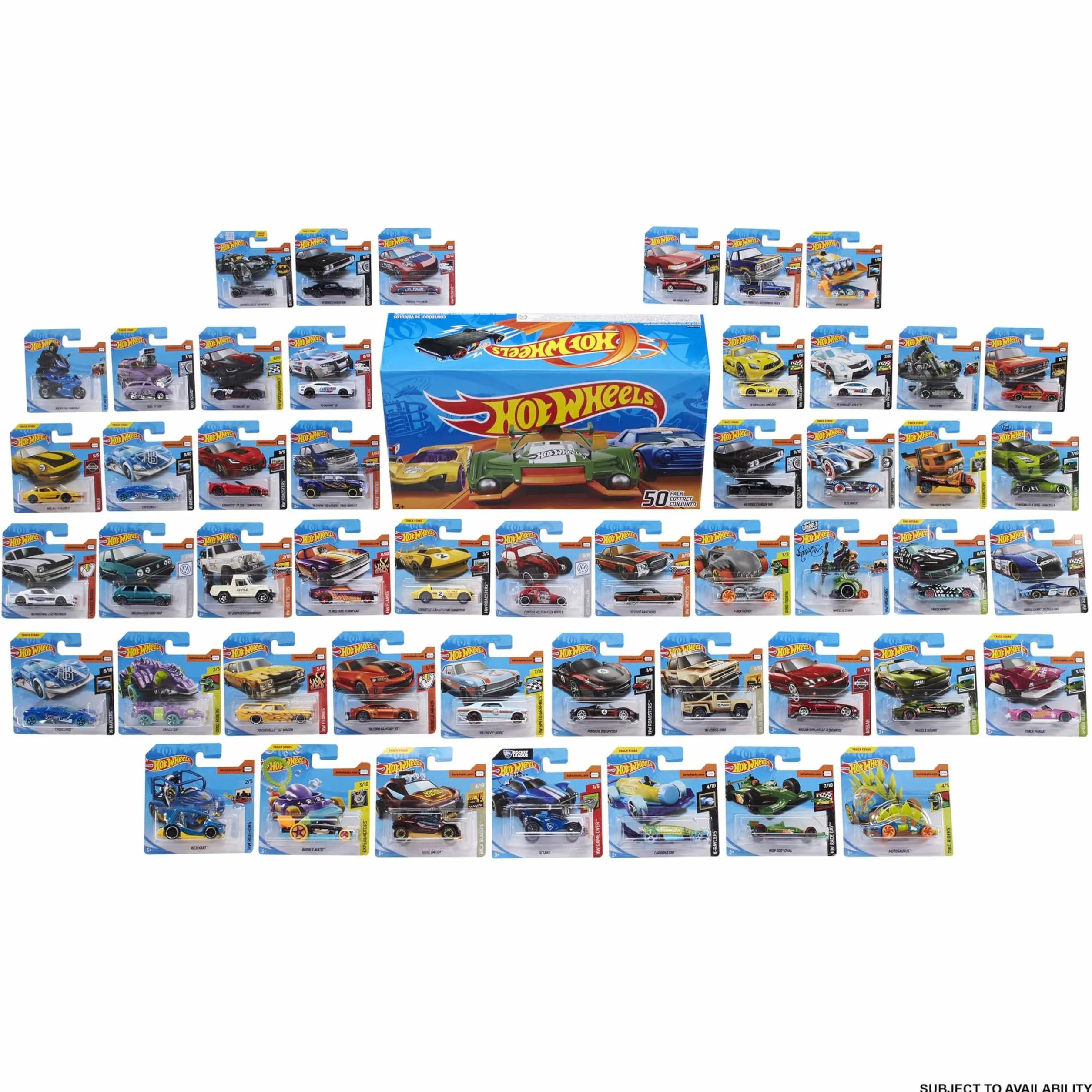 Hot Wheels Samochodziki, Zestaw 50 zabawkowych pojazdów w skali 1:64, Pojedynczo zapakowane, odpowiednie na drobne upominki lub do kolekcji Hot Wheels, V6697