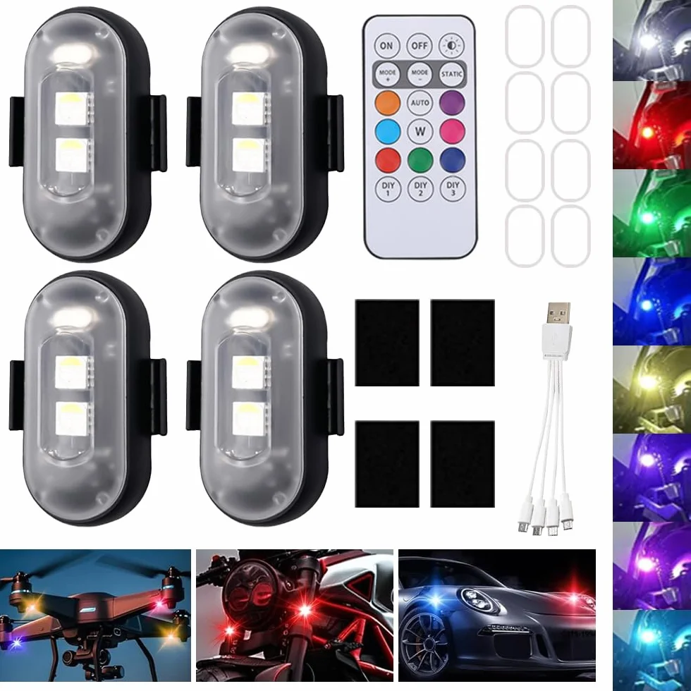 Mineup 4 sztuki bezprzewodowych świateł LED, 8 kolorów, stroboskop, pilot zdalnego sterowania, lampa błyskowa z pilotem zdalnego sterowania, ładowanie przez USB, światła antykolizyjne, lampa błyskowa