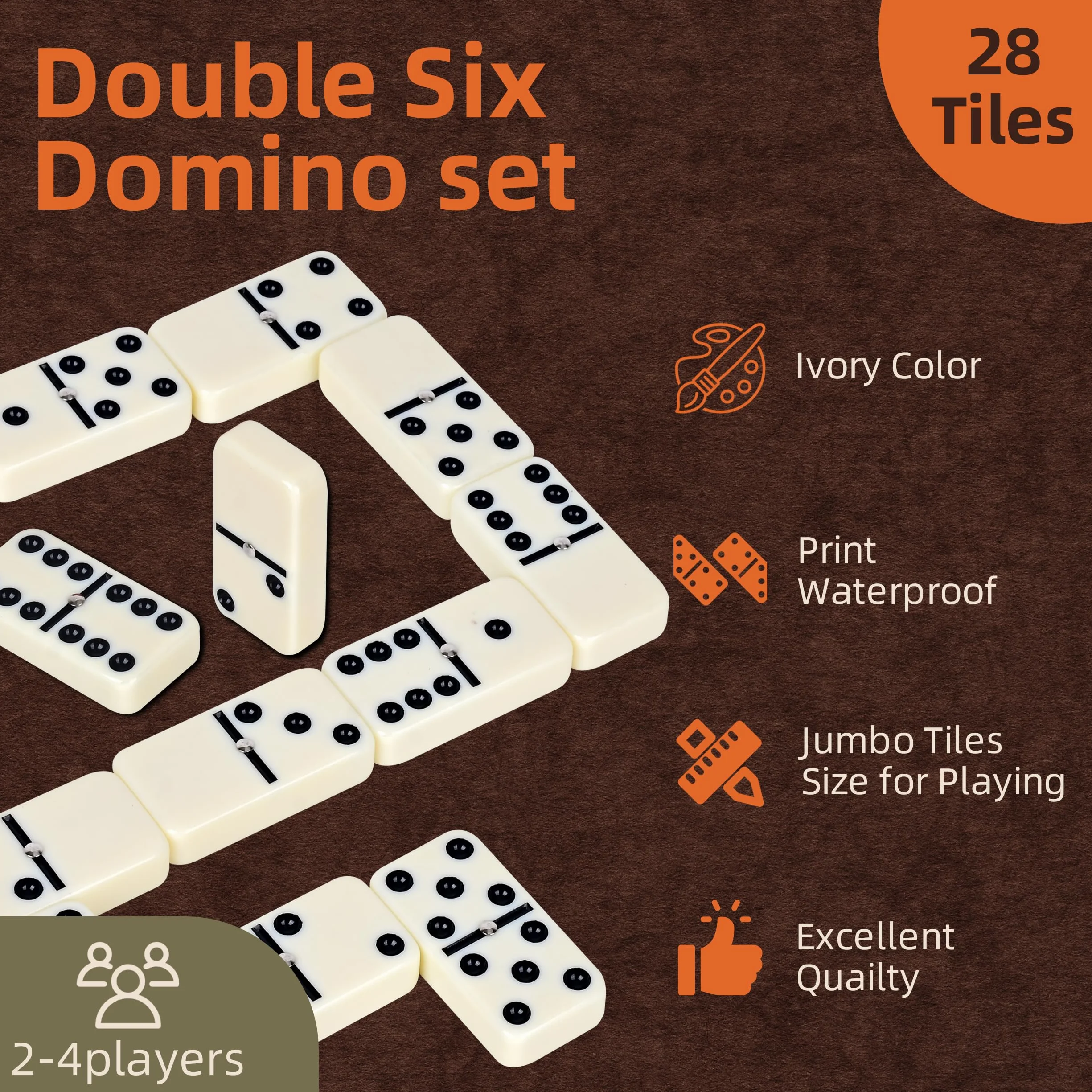Smilejoy Zestaw domino dla dorosłych, zestaw domino w rozmiarze Jumbo do klasycznych gier planszowych, duży rozmiar podwójny, 6 domino, zestaw 28 sztuk, z brązowym drewnianym pudełkiem Deluex (2-4