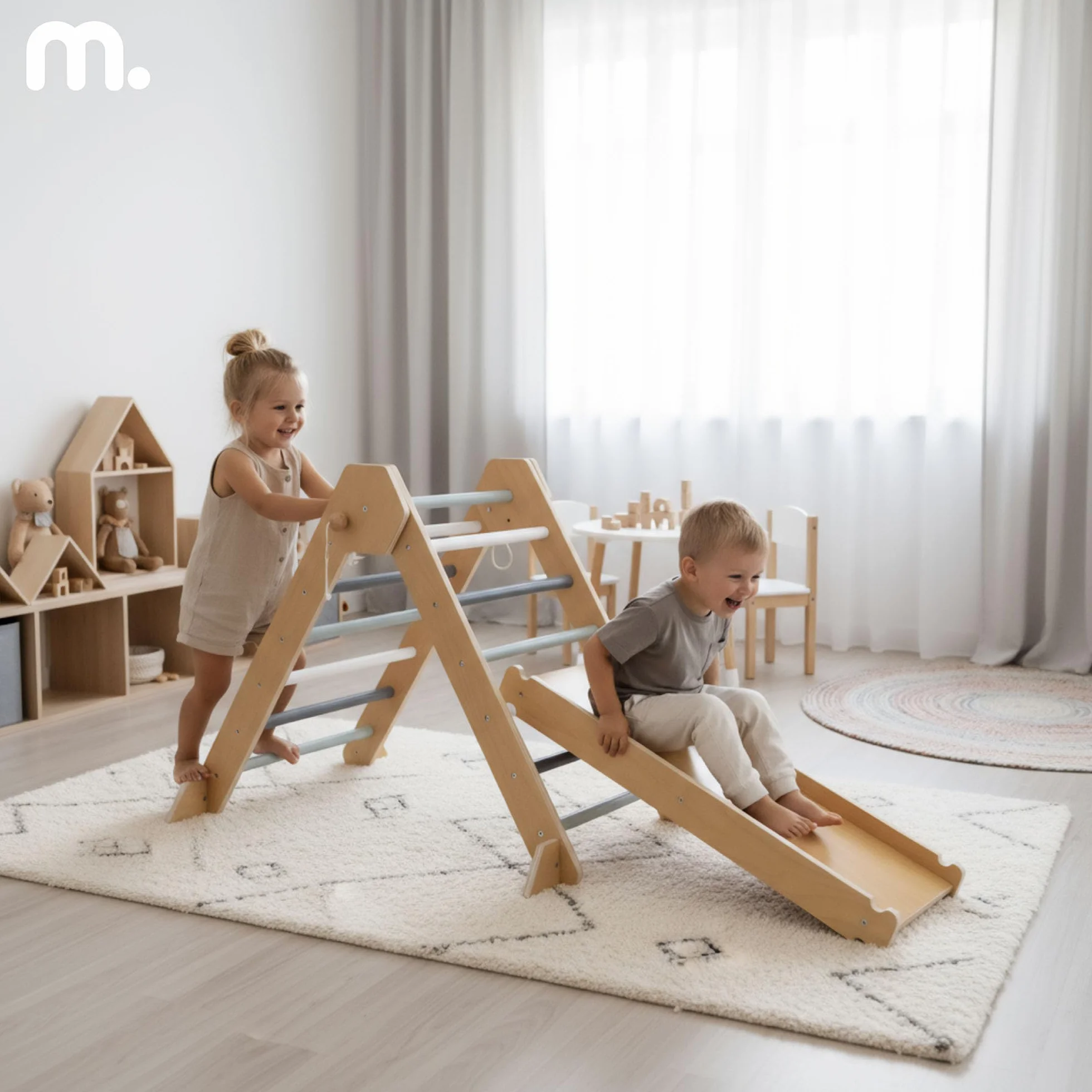 Mamabrum Drewniany Plac Zabaw Dla Dzieci – Trójkąt Piklera, Łuk Wspinaczkowy, Zjeżdżalnia Dwustronna – Montessori Zestaw Sportowy Do Domu, Składany, Bezpieczny