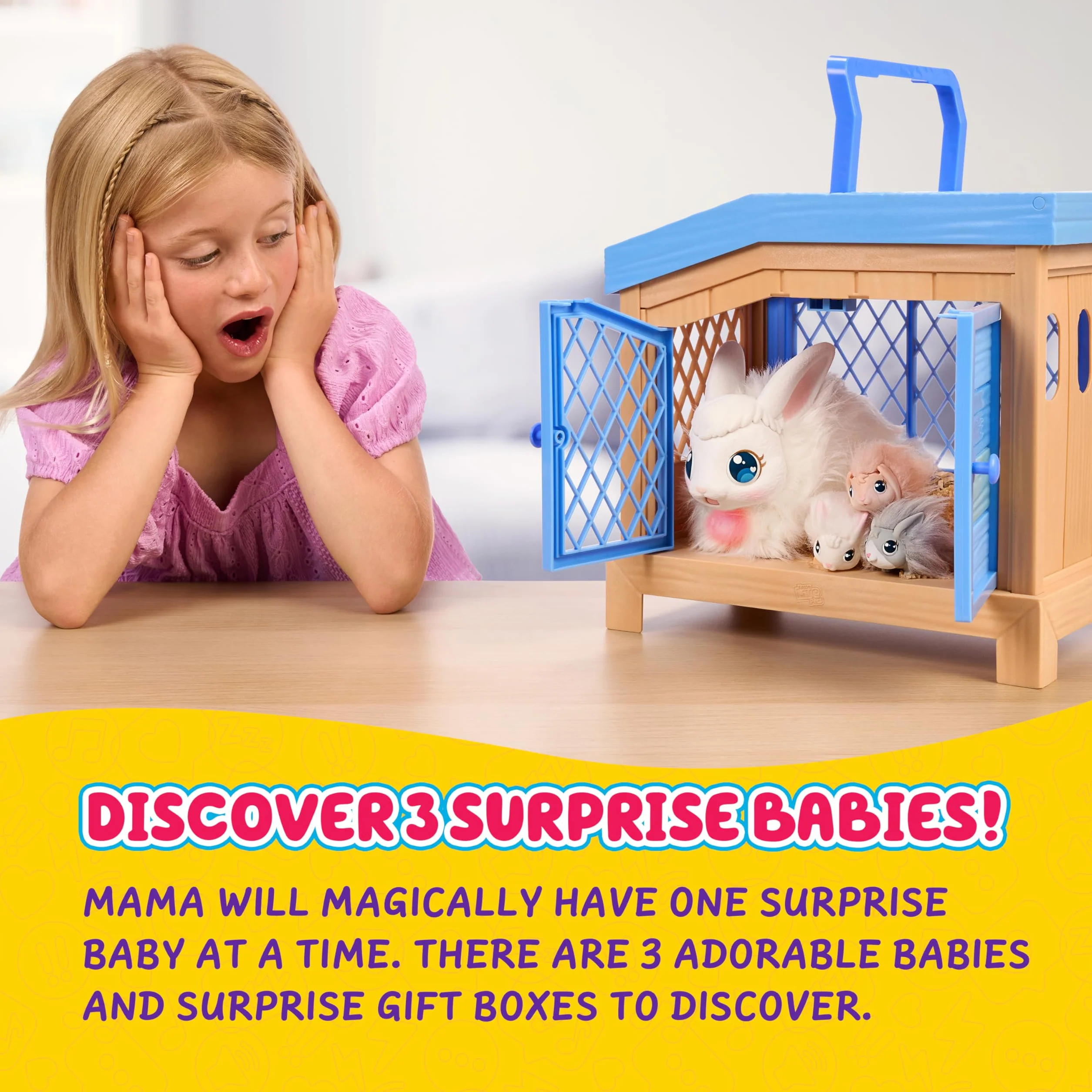 Little Live Pets Mama niespodzianka - Królik Zajmij się mamą Ona spodziewa się 3 dzieci! Interaktywny królik i zestaw do zabawy z króliczkiem Ponad 20 dźwięków i reakcji Akcesoria dla niemowląt od 4