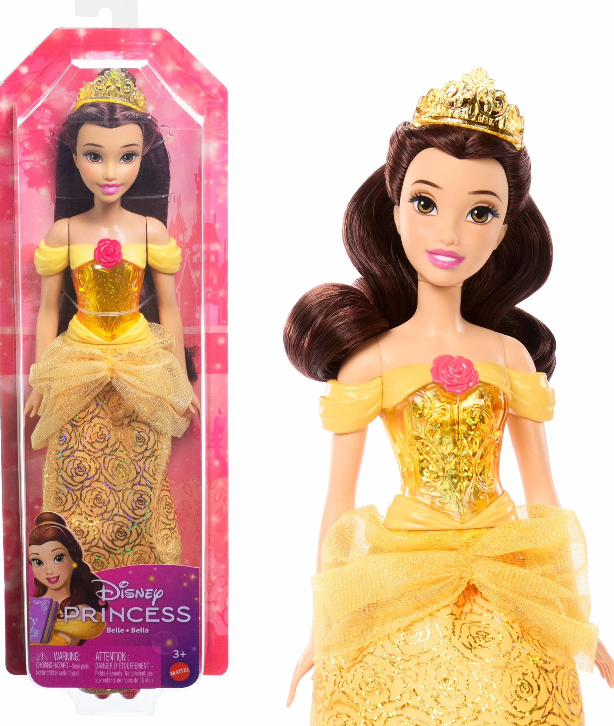 Mattel Księżniczka Disneya Bella Lalka z punktami zgięcia, błyszczącym ubrankiem i akcesoriami inspirowanymi filmem Disneya, prezent dla dzieci HLW11