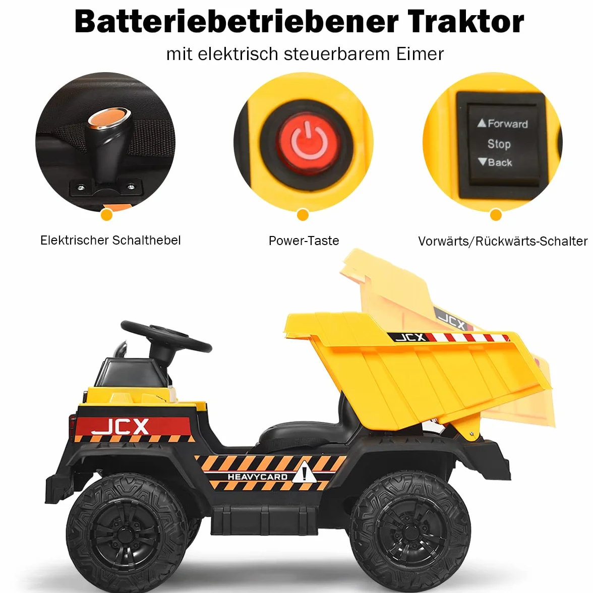 COSTWAY Traktor dziecięcy 12 V z elektryczną tylną szuflą, 3-biegowy traktor z pilotem zdalnego sterowania 2,4 G, oświetleniem, muzyką i radiem, traktor elektryczny 3-5 km/h dla dzieci w wieku 3-8 lat