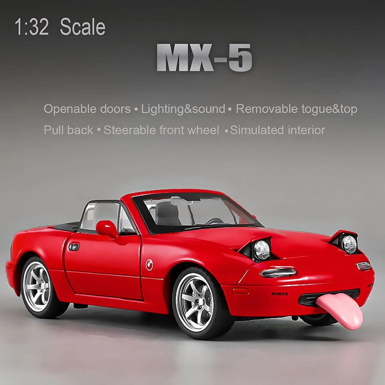 Mazda MX-5 Miata 1:32 modelka samochodu, zabawka z światłem i muzyką, zdejmowana osłona, funkcja cofania, odlew z stopu, idealny dla dzieci od 3 lat i kolekcjonerski model samochodu (czerwony)