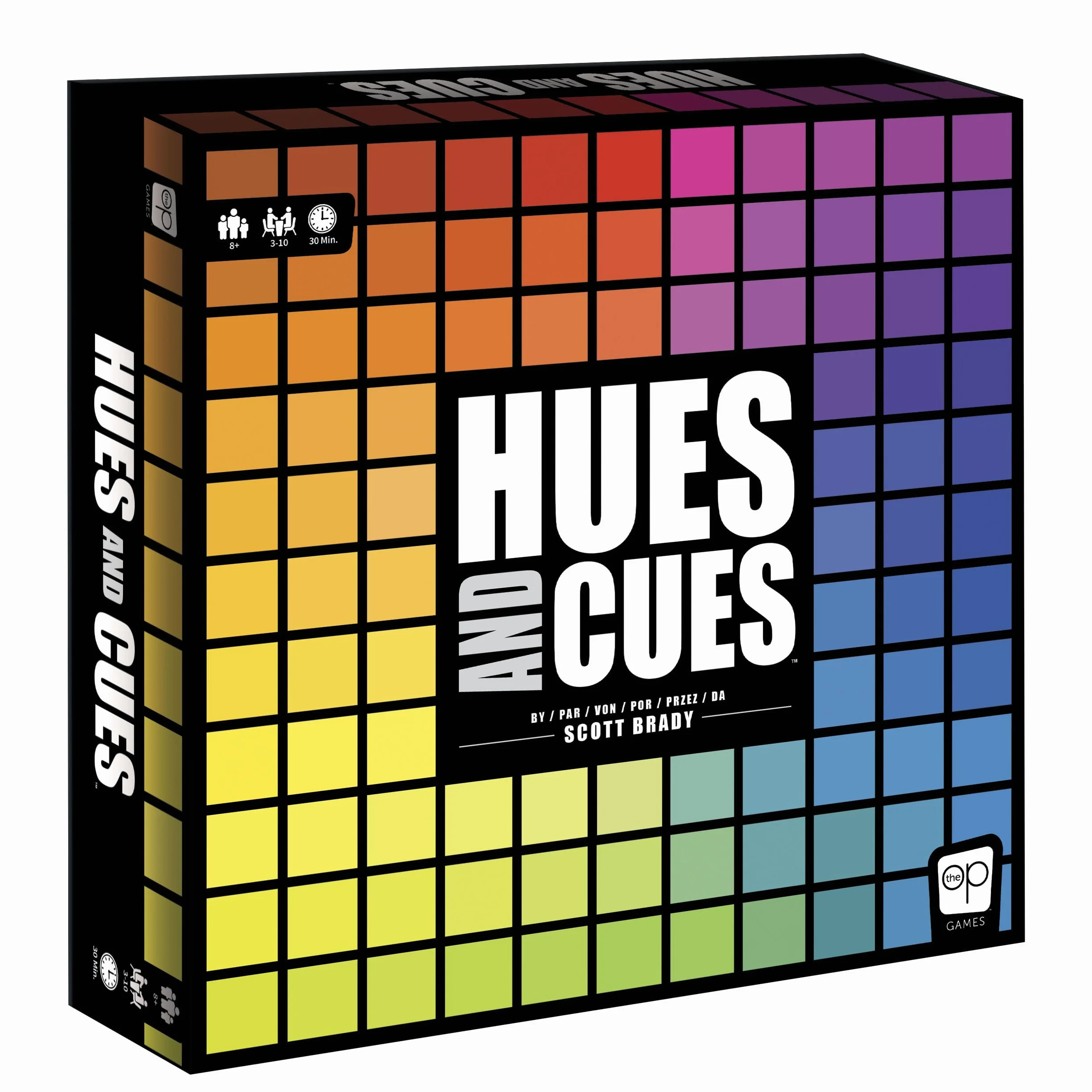 The OP Usaopoly | Hues and Cues Gra Planszowa Wielojęzyczna dla Całej Rodziny | Gra Imprezowa dla 3-10 Graczy | Żywe Zgadywanie Kolorów | Łącz Wskazówki z 480 Kolorowych Kwadratów