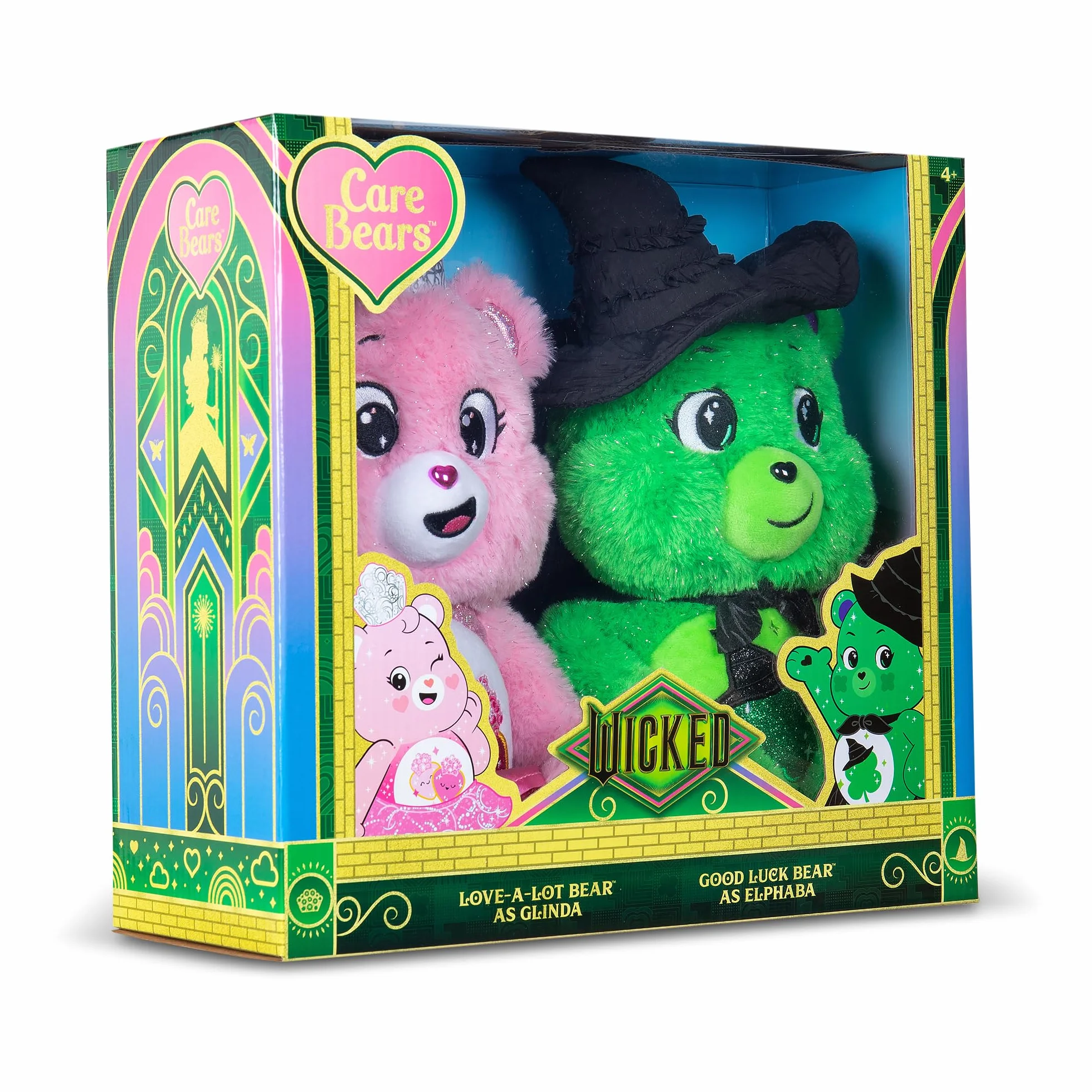 Basic Fun Care Bears Wicked Maskotka Pluszowa 22 cm – Zestaw 2 sztuki edycja limitowana – Good Luck Bear jako Elphaba i Love-a-lot Bear jako Glinda – Pluszaki teatralnego crossovera dla dzieci i fanów