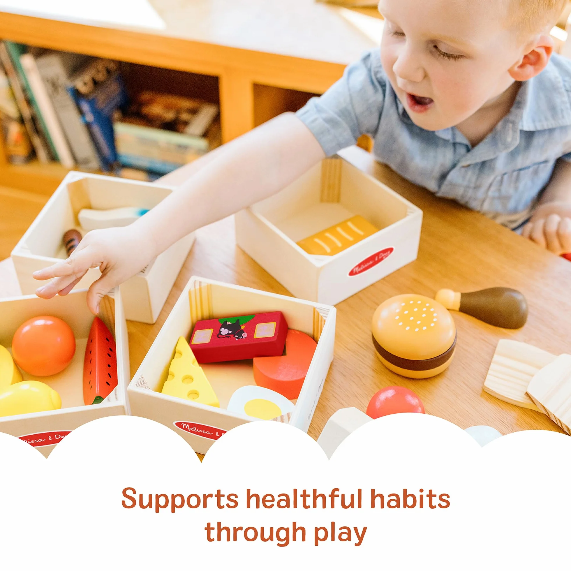 Melissa & Doug Drewniane produkty spożywcze do zabawy | Zabawa w udawanie | Drewniane jedzenie do zabawy |Zabawka Montessori | Prezent dla dzieci w wieku 3 4 5 lat | Dla chłopca lub dziewczynki