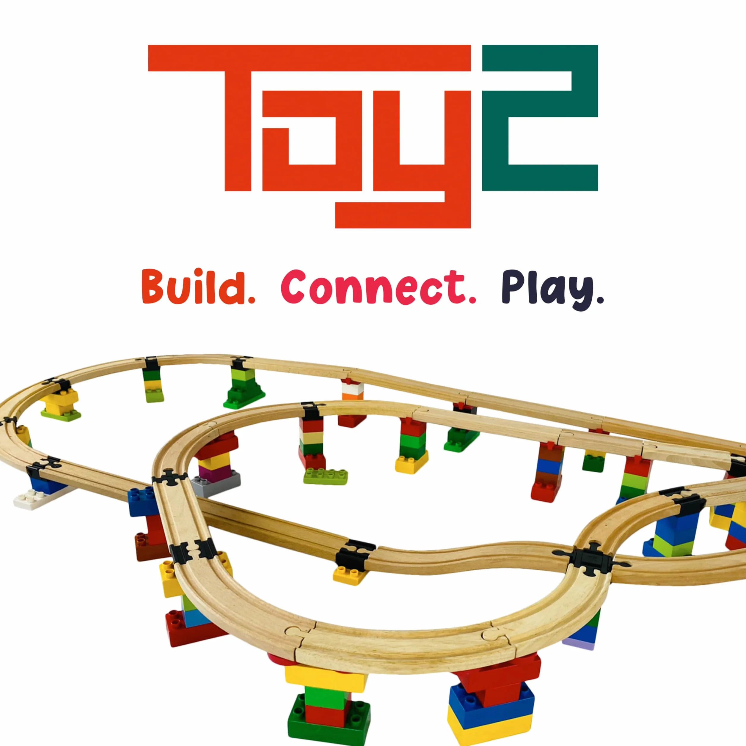 TOY2 Allround Duży zestaw z 33 złączami szynowymi kompatybilnymi z Brio & Duplo - Trwały drewniany zestaw złączy kolejowych