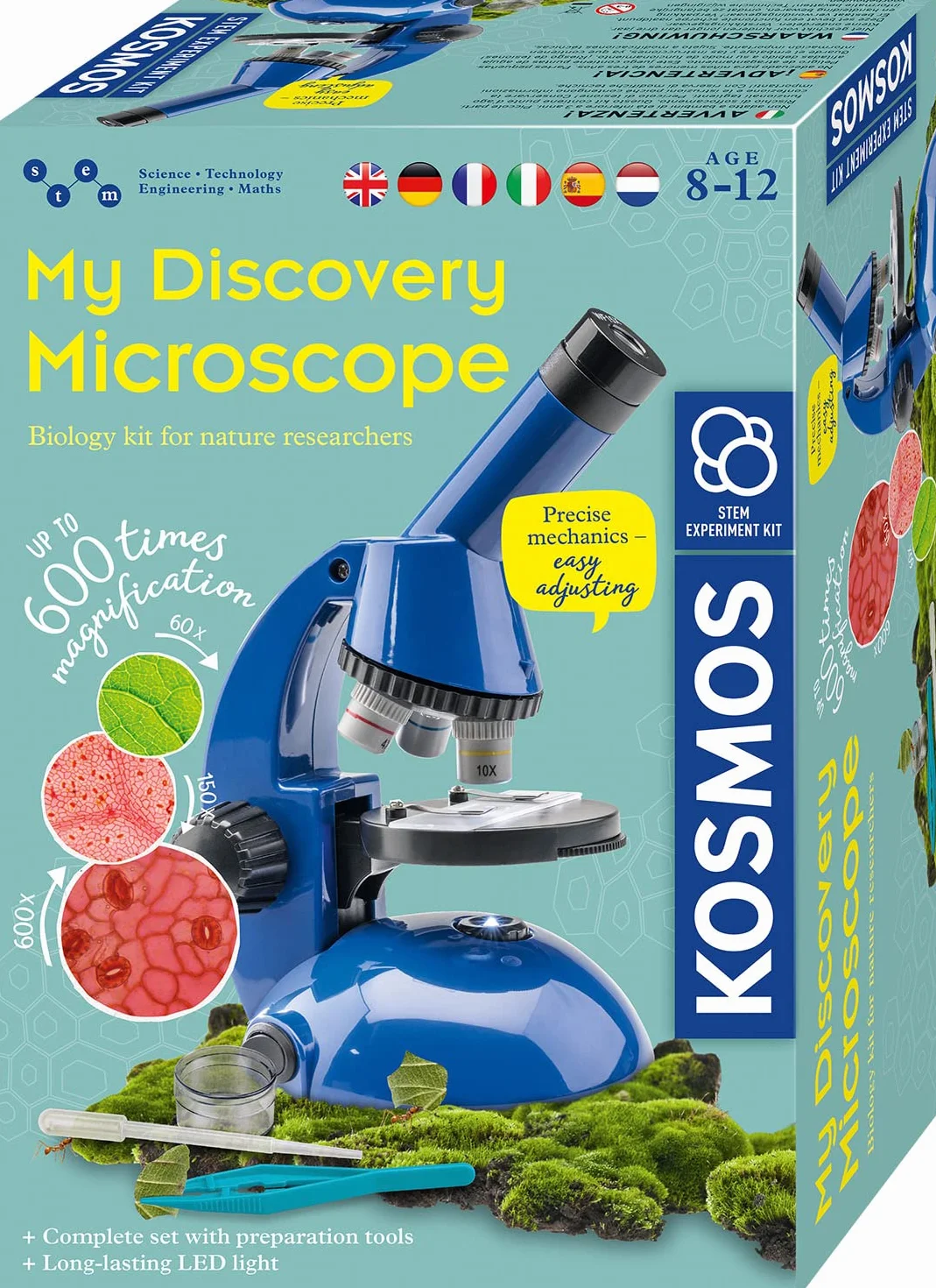KOSMOS 616984 Entdecker-Mikroskop, Präparate vergrößern und Naturwissenschaften entdecken, Experimentierkasten mit mehrsprachiger Anleitung (DE, EN, FR, IT, ES, NL), ab 8 Jahren, MINT Spielzeug