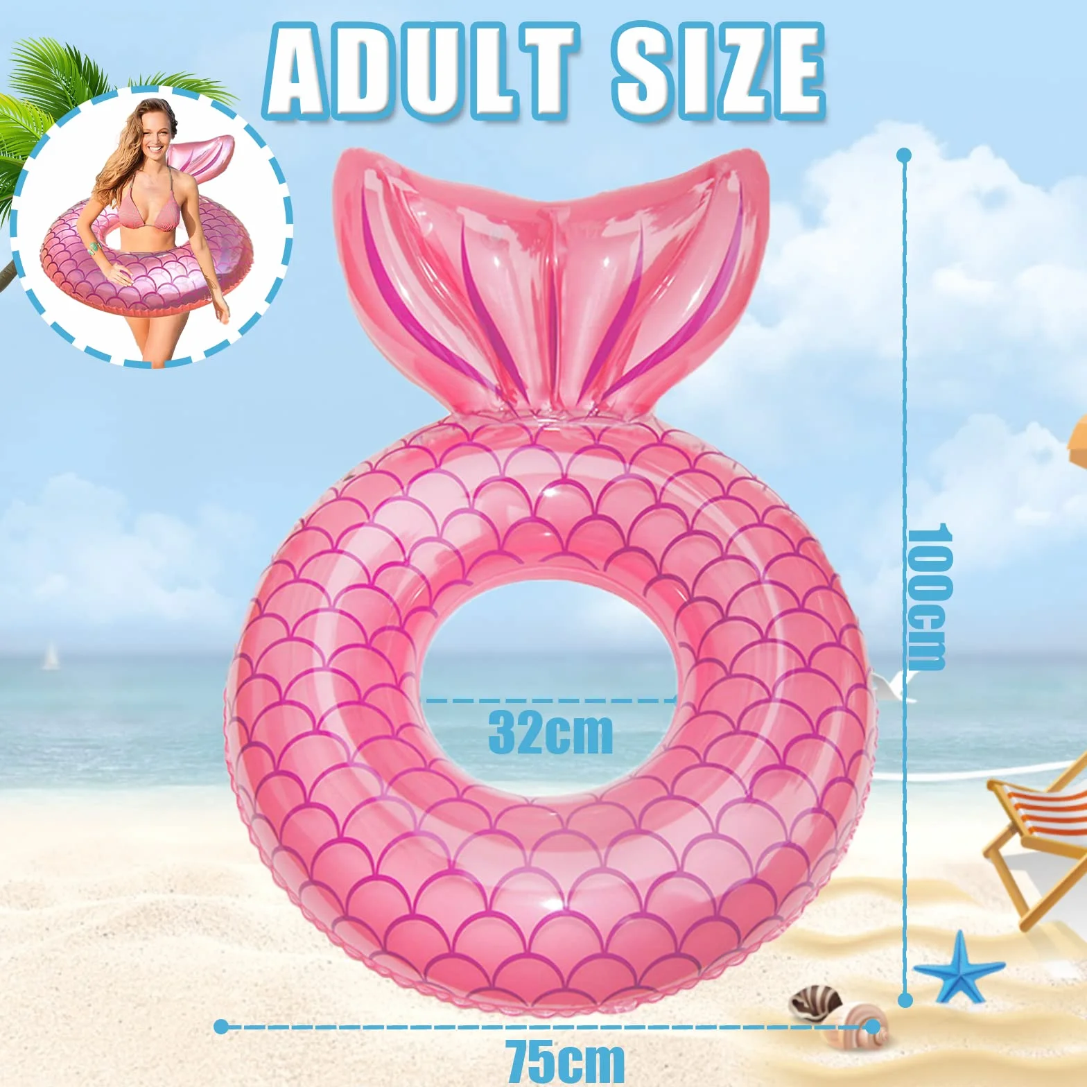 Nadmuchiwane koło do pływania dla dorosłych, duże, w kształcie ogona syrenki, przezroczysty basen, trwały pierścień, letni basen, na plażę, imprezę, zabawka