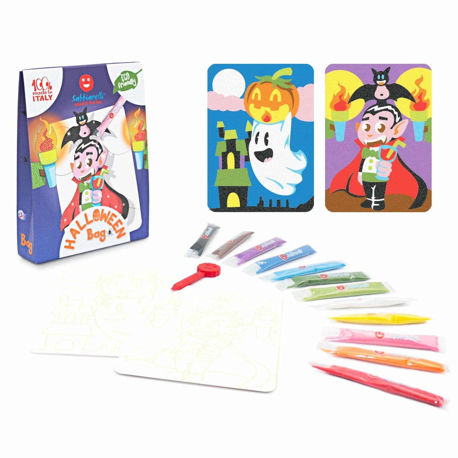 Sabbiarelli Sand-it For Fun – Bag Halloween | Mini Kit Sand Art z Motywem Halloween 100% Made in Italy z Kolorowym Piaskiem i Rysunkami Samoprzylepnymi | Dzieci 5-12
