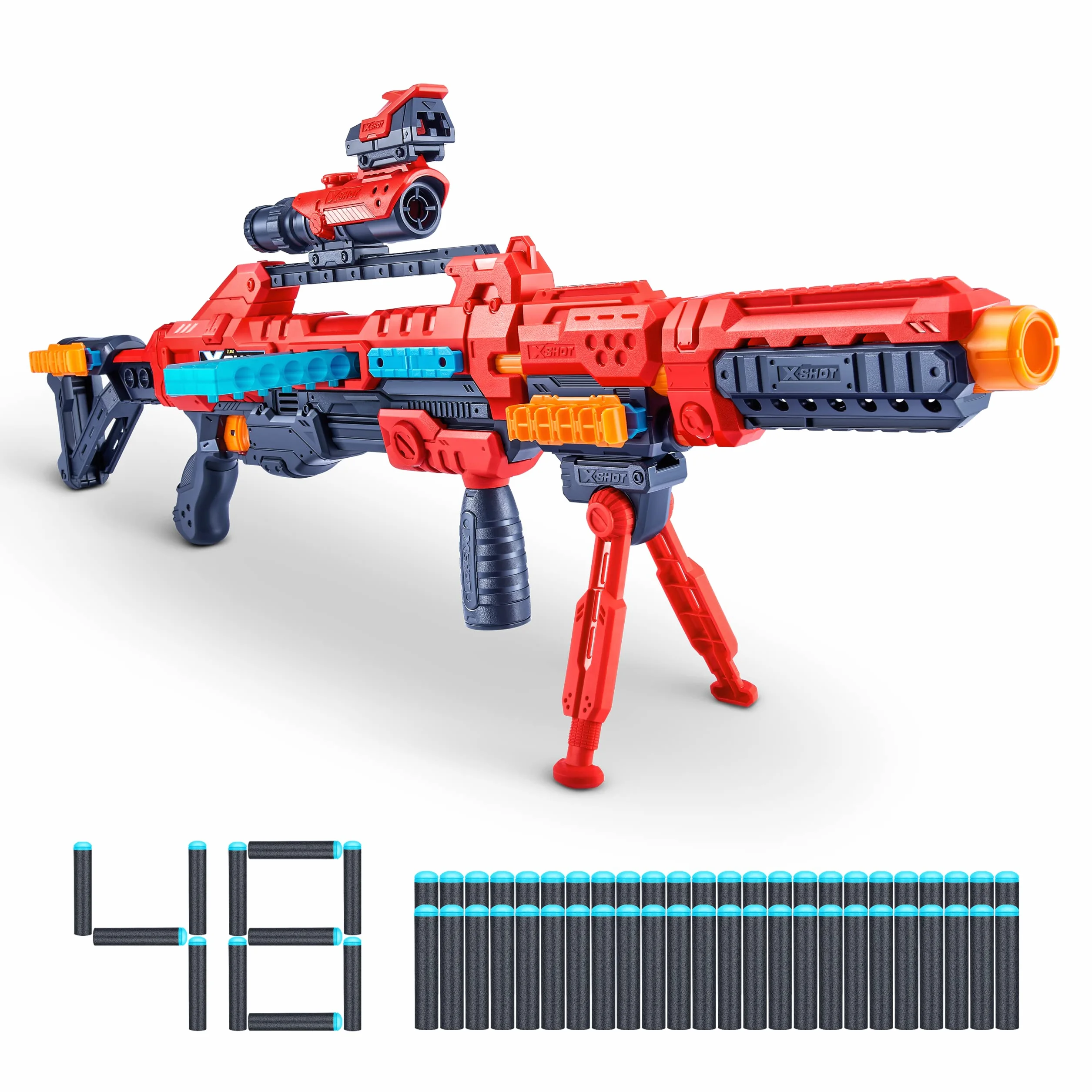 XSHOT Excel Regenerator, Red Foam Dart Blaster ponad 1000 unikalnych kombinacji (48 rzutk), czerwona zabawka blaster