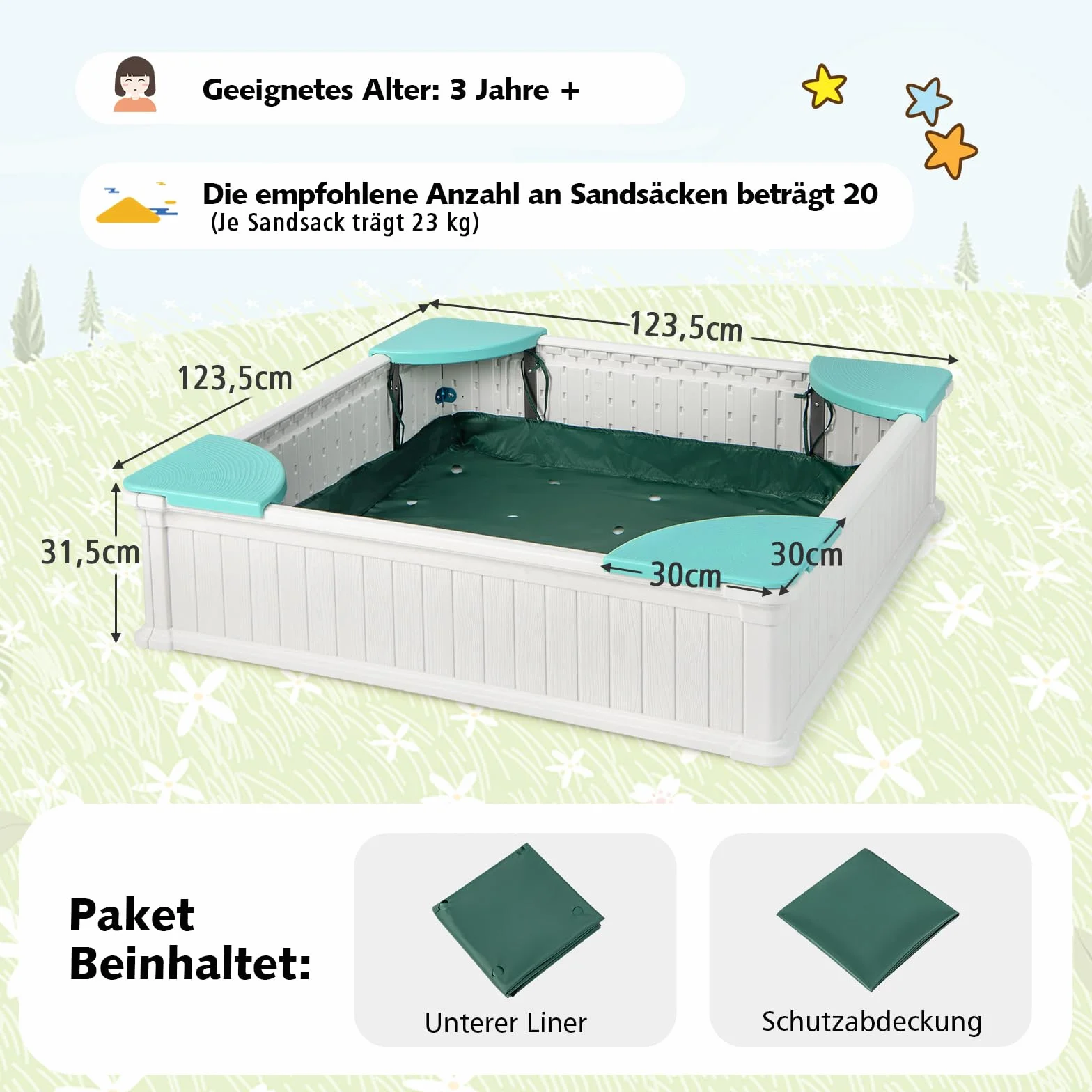 COSTWAY Piaskownica dziecięca z drewna 123,5 x 123,5 x 31,5 cm z 4 siedzeniami kwadratowa HDPE do ogrodu biała