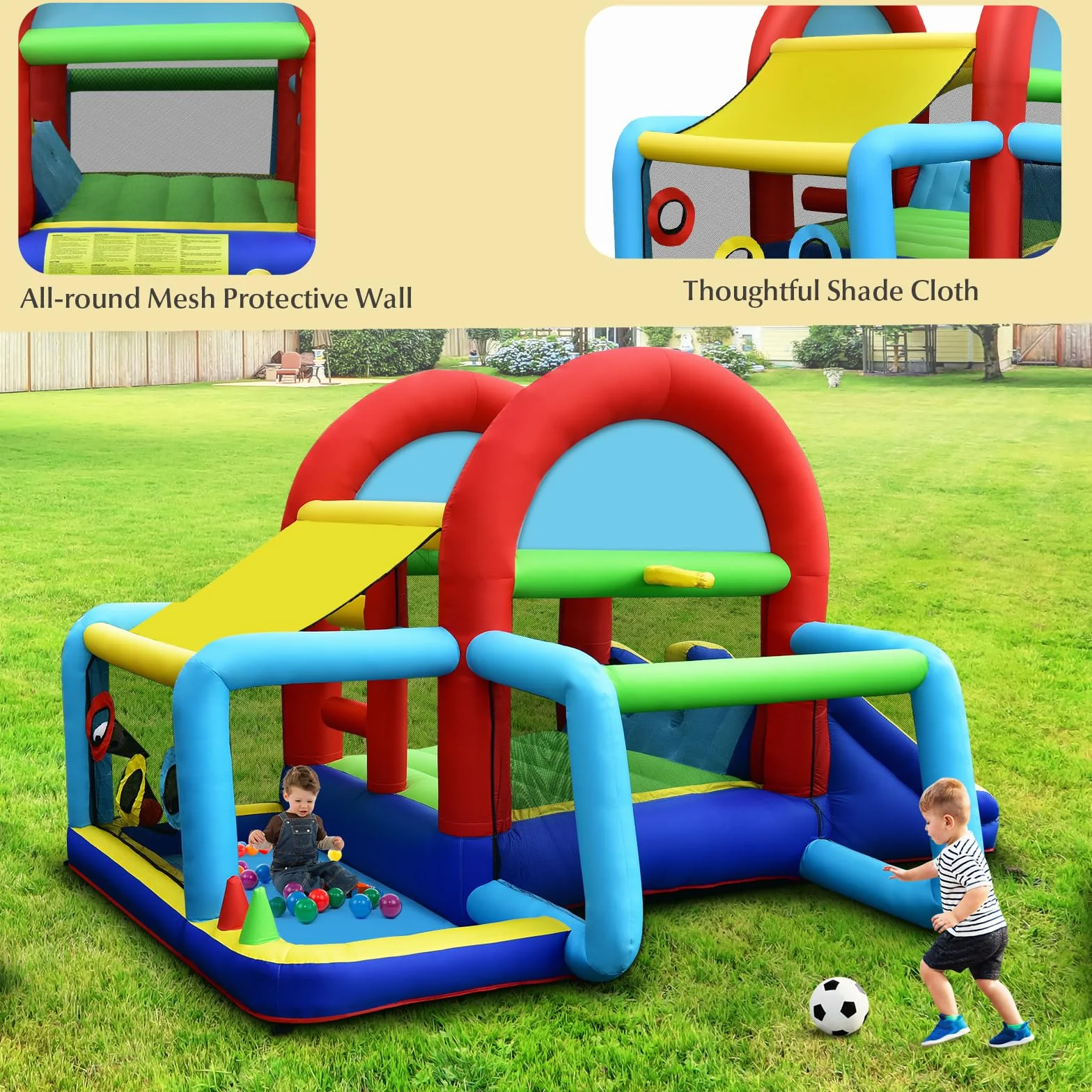 LIFEZEAL Dmuchany zamek, nadmuchiwany dom 8 w 1 dla dzieci z podwójną zjeżdżalnią, strefa trampoliny, bramka do piłki nożnej, duży wielofunkcyjny park dla dzieci (ze zdmuchą)