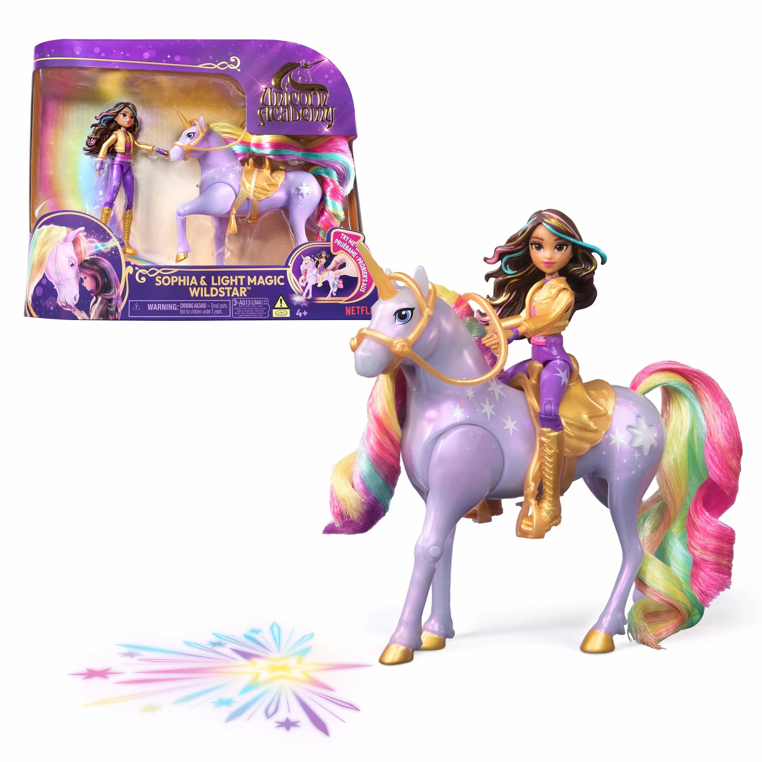 Unicorn Academy, Sophia & Light Magic Wildstar z tęczowymi efektami świetlnymi, 2 akcesoria do jazdy konnej, lalki i zabawki jednorożca dla dziewcząt w wieku od 4 lat