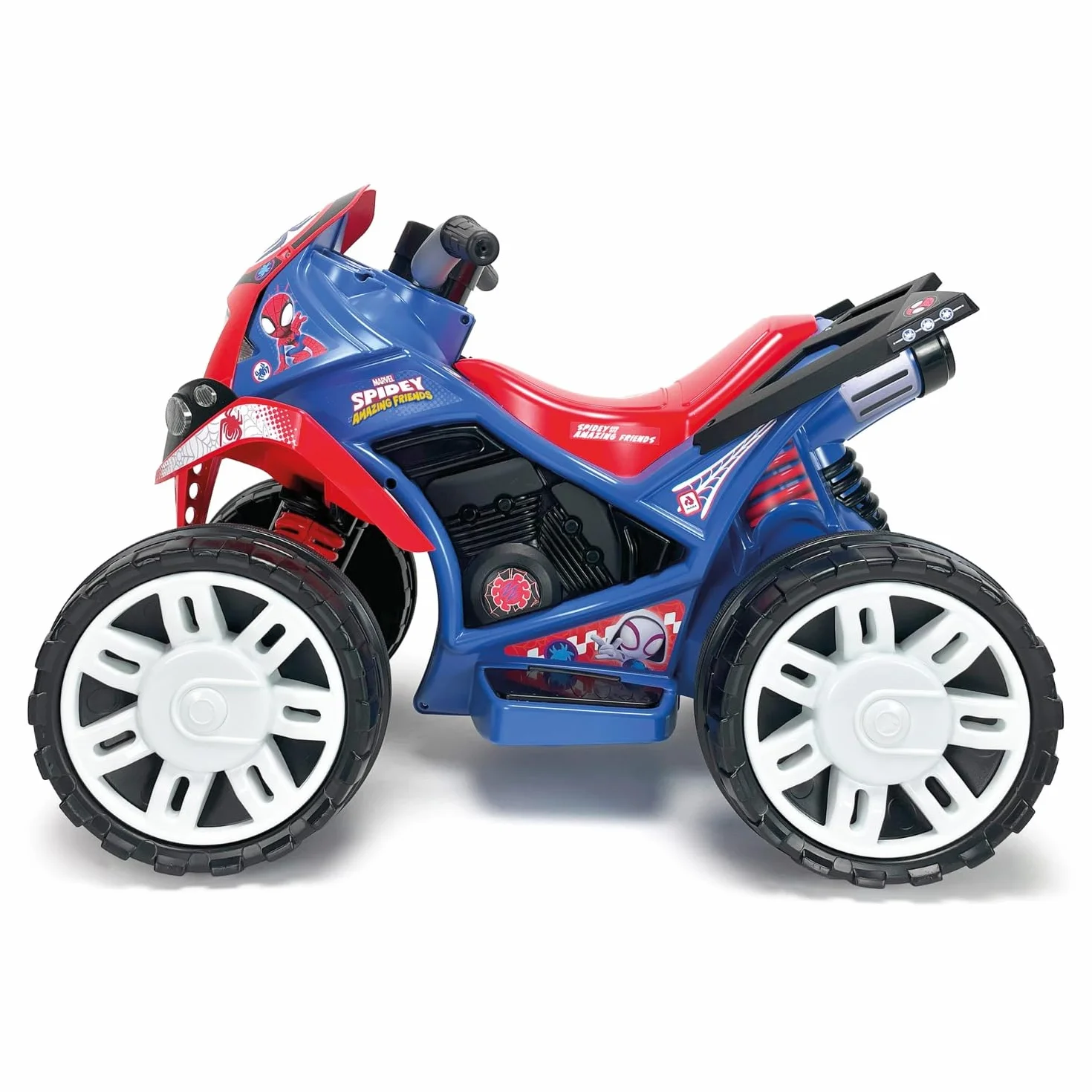 INJUSA - Quad elektryczny The Beast Spiderman, dla dzieci od 2 do 4 lat, akumulator 12 V, pedał przyspieszenia, bieg wsteczny i plastikowe koła, maksymalna prędkość 6 km/h, kolor niebieski