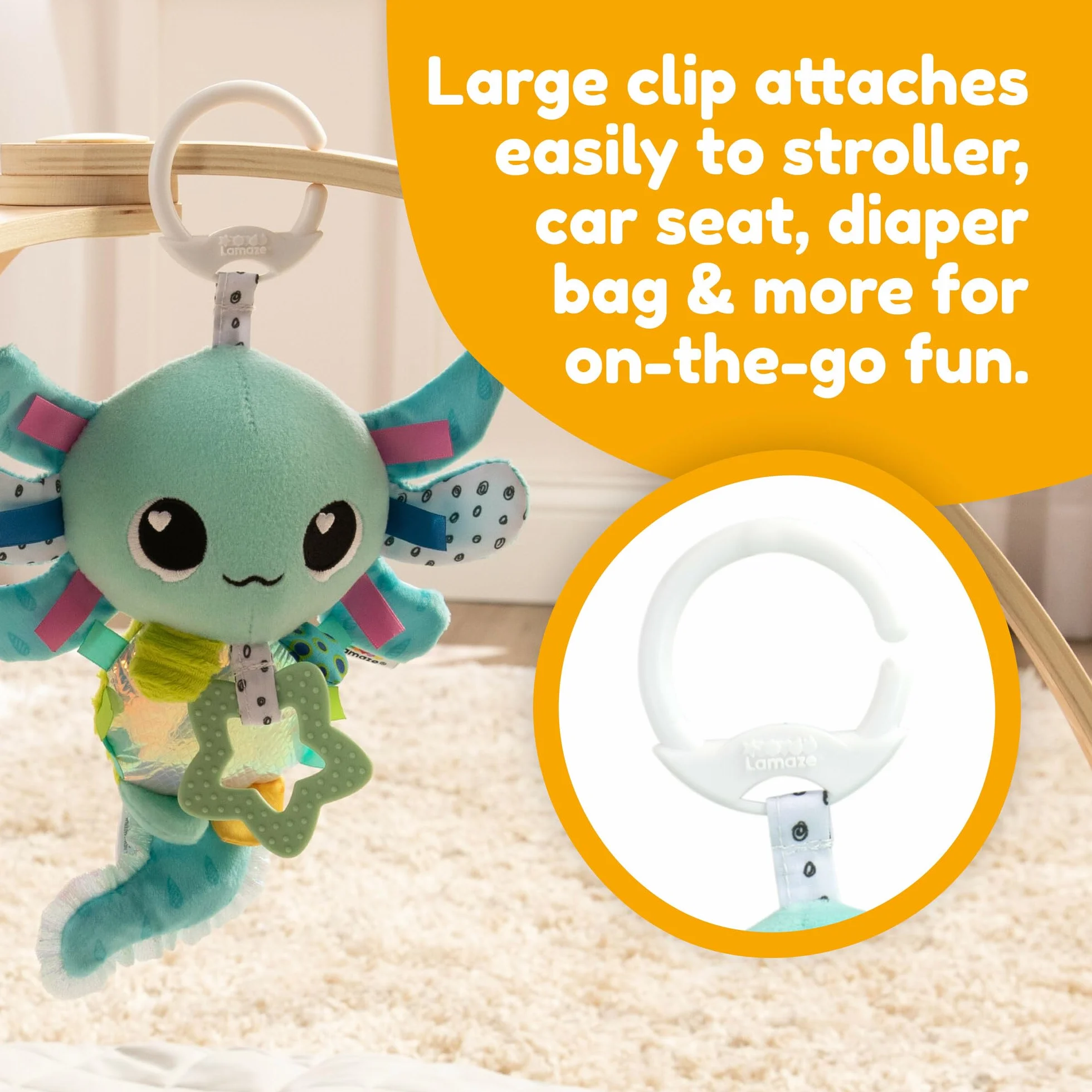 LAMAZE Alise die Axolotl - Clip & Go wózek dziecięcy zabawka - sensoryka dla niemowląt - wczesna zabawka edukacyjna od 0-6 miesięcy - fachowo zaprojektowany dla noworodków - prezent na baby shower