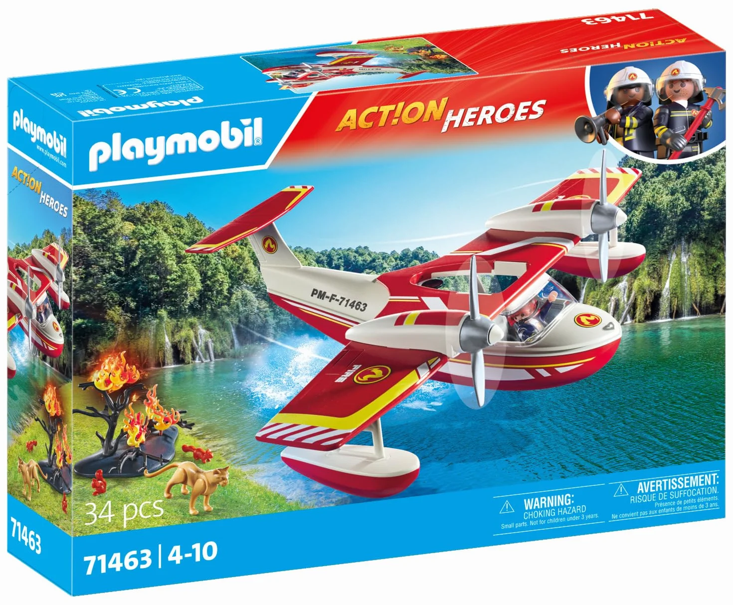 PLAYMOBIL Action Heroes 71463 Samolot straży pożarnej z funkcją gaszenia pożaru, bohaterskie misje ratunkowe. Zabawne i pomysłowe odgrywanie ról, zabawki dla dzieci w wieku od 4 roku życia