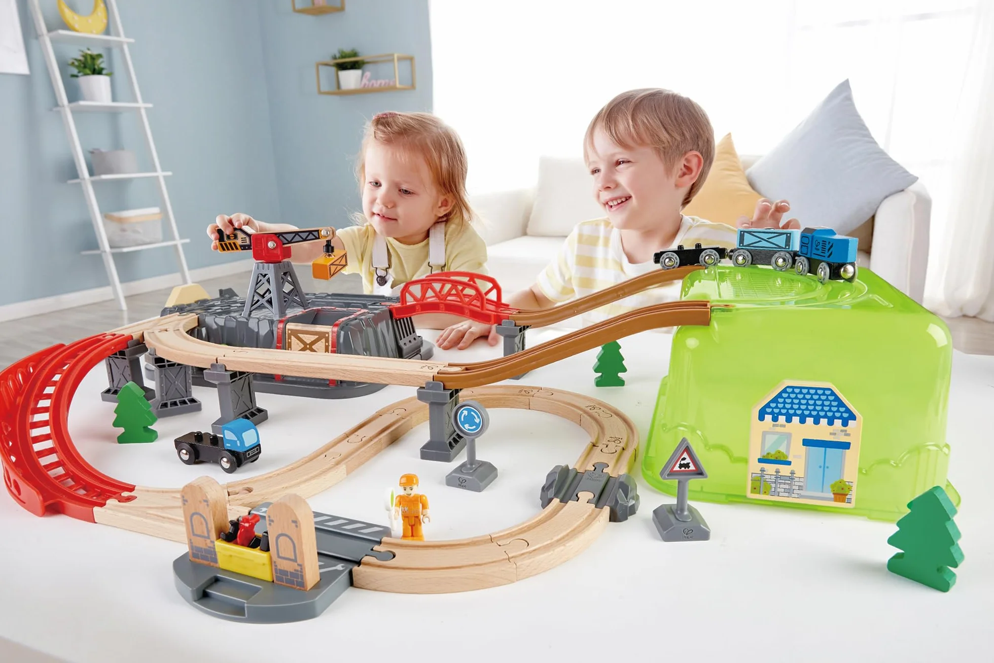 Hape Sustainable Wood Toy Train Railway Bucket 50-Piece Builder Set