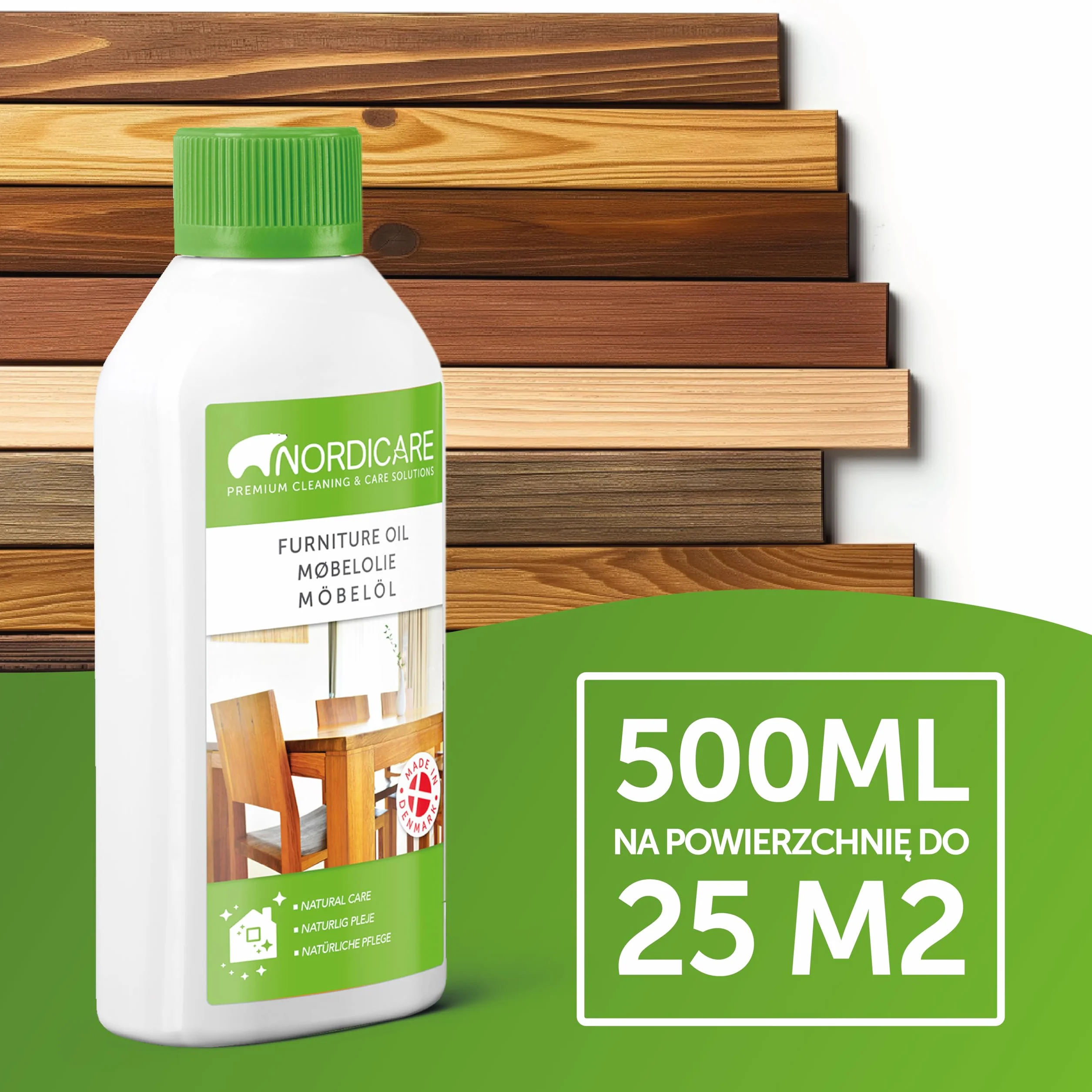 Nordicare Olej do pielegnacji mebli [500ml] bezbarwny Olej do konserwacji drewna. Dąb, buk, orzech, modrzew. Lazura do drewna na bazie oleju lnianego. Pokost lniany