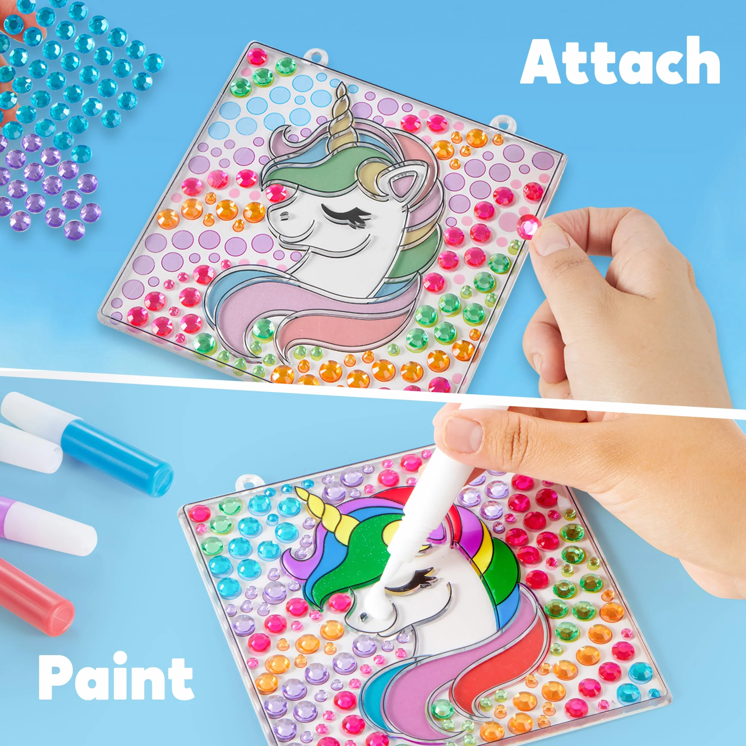 Klever Kits Zestaw do robótek Suncatcher dla dzieci w wieku 6 7 8 9-12 lat, 4-częściowy zestaw do malowania klejnotów: Słońce, Jednoróg, Motyl, Tęcza z oknem, długopisy, prezent urodzinowy dla