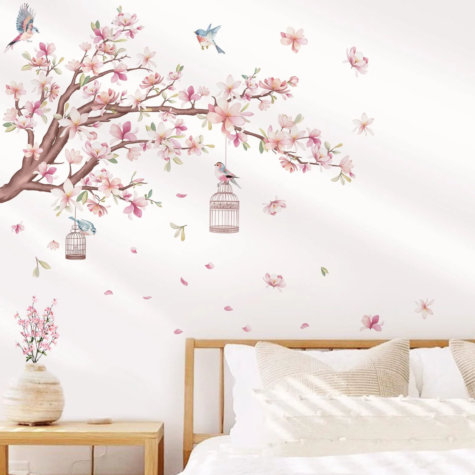 wondever Kwiatowe naklejki ścienne, różowe i białe, magnolia, gałąź drzewa, ptaki, odklej i przyklej, sztuka, do salonu, sypialni, za telewizor
