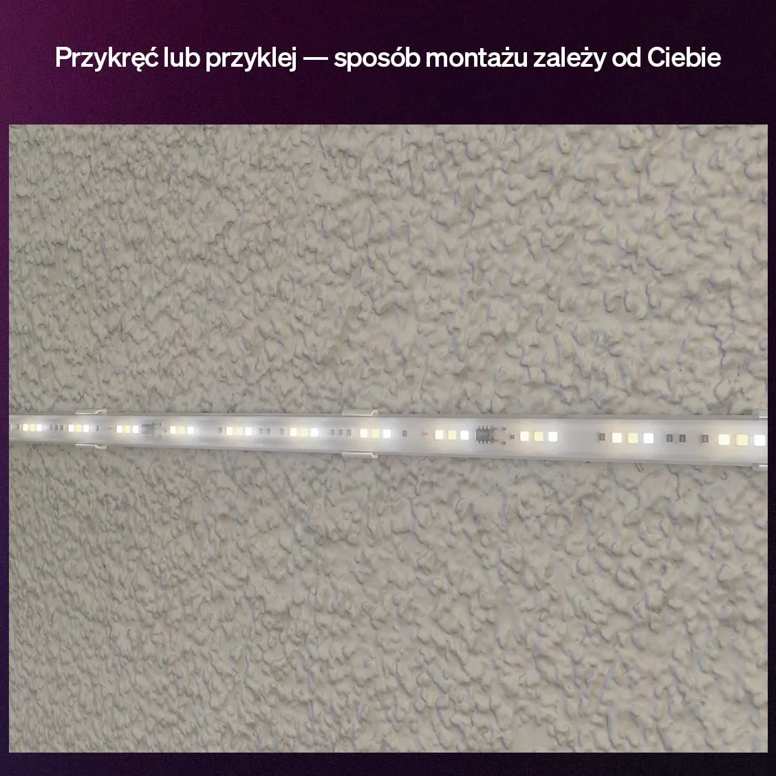 Uchwyty do taśmy LED Hue Flux — akcesoria do elastycznego montażu oświetlenia wewnętrznego. Przezroczyste i wytrzymałe uchwyty, w zestawie śruby i taśma samoprzylepna, opakowanie 10 sztuk