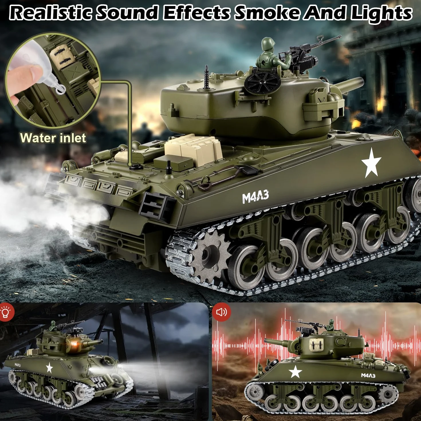 Supdex Czołg RC, 1:18 metalowy M4A3 Sherman, amerykański czołg zdalnie sterowany z II wojny światowej, model wojskowy, który strzela kulkami BB, wojskowy pojazd RC 2,4 GHz z dymem, światłami