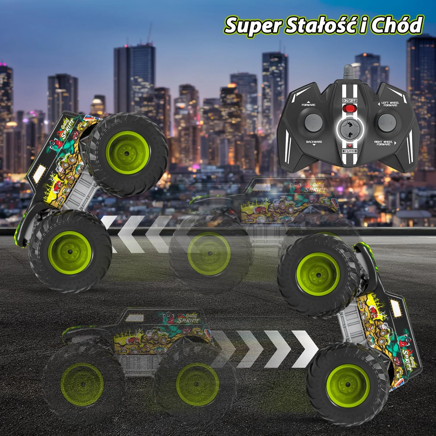 Zdalnie Sterowany Monster Truck 1:16, 2,4 GHz dla Dzieci od 4 Lat - Amfibia z Światła, Robi Wheelie, Staje Dęba, Obroty 360° - Auto RC dla Chłopców i Dziewczynek