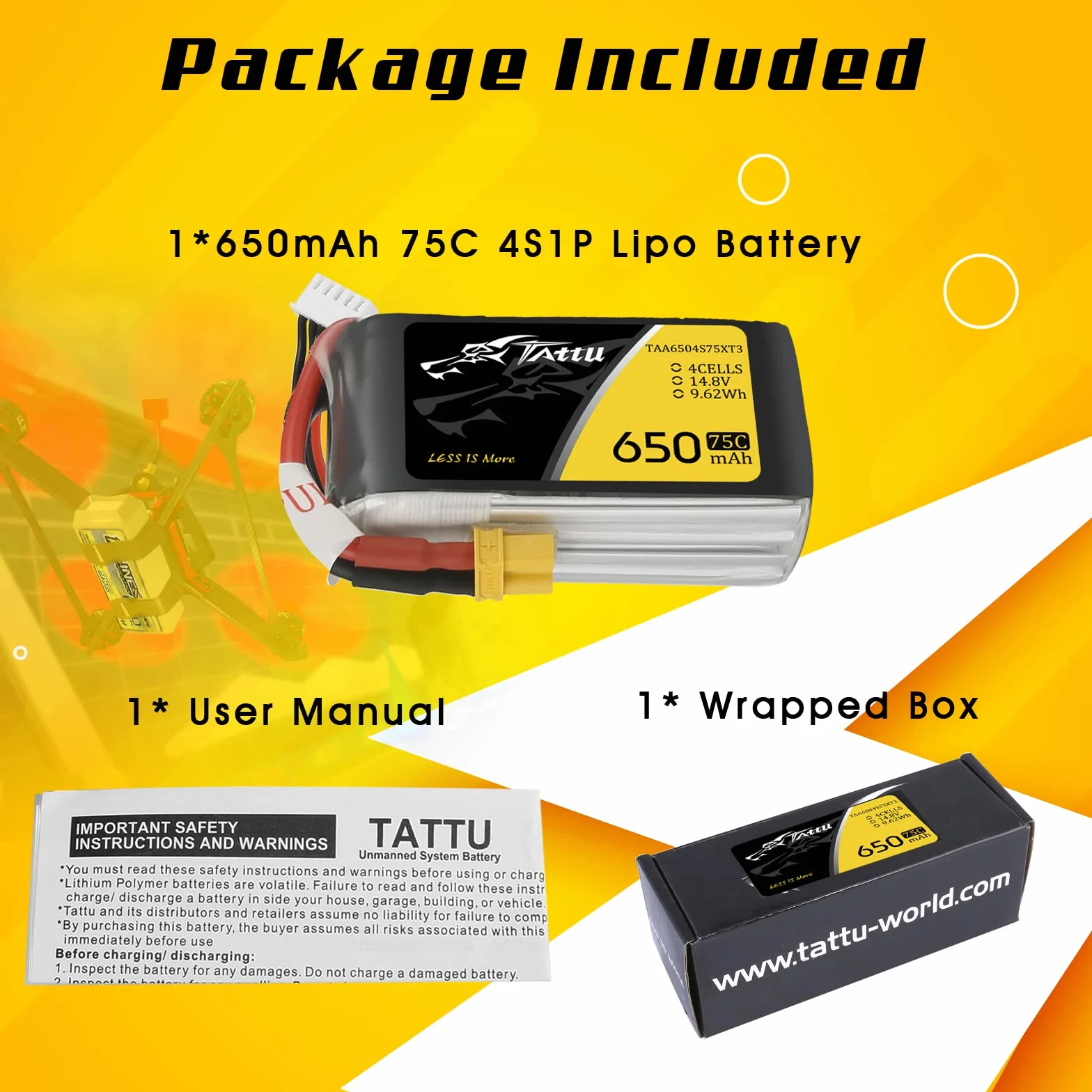 TATTU 4S lipo 650 mAh 4S1P 75C 14.8V Lipo Pack akumulator z wtyczką XT30 do drona UAV RC Quadrocopter Multirotor FPV 150 rozmiar