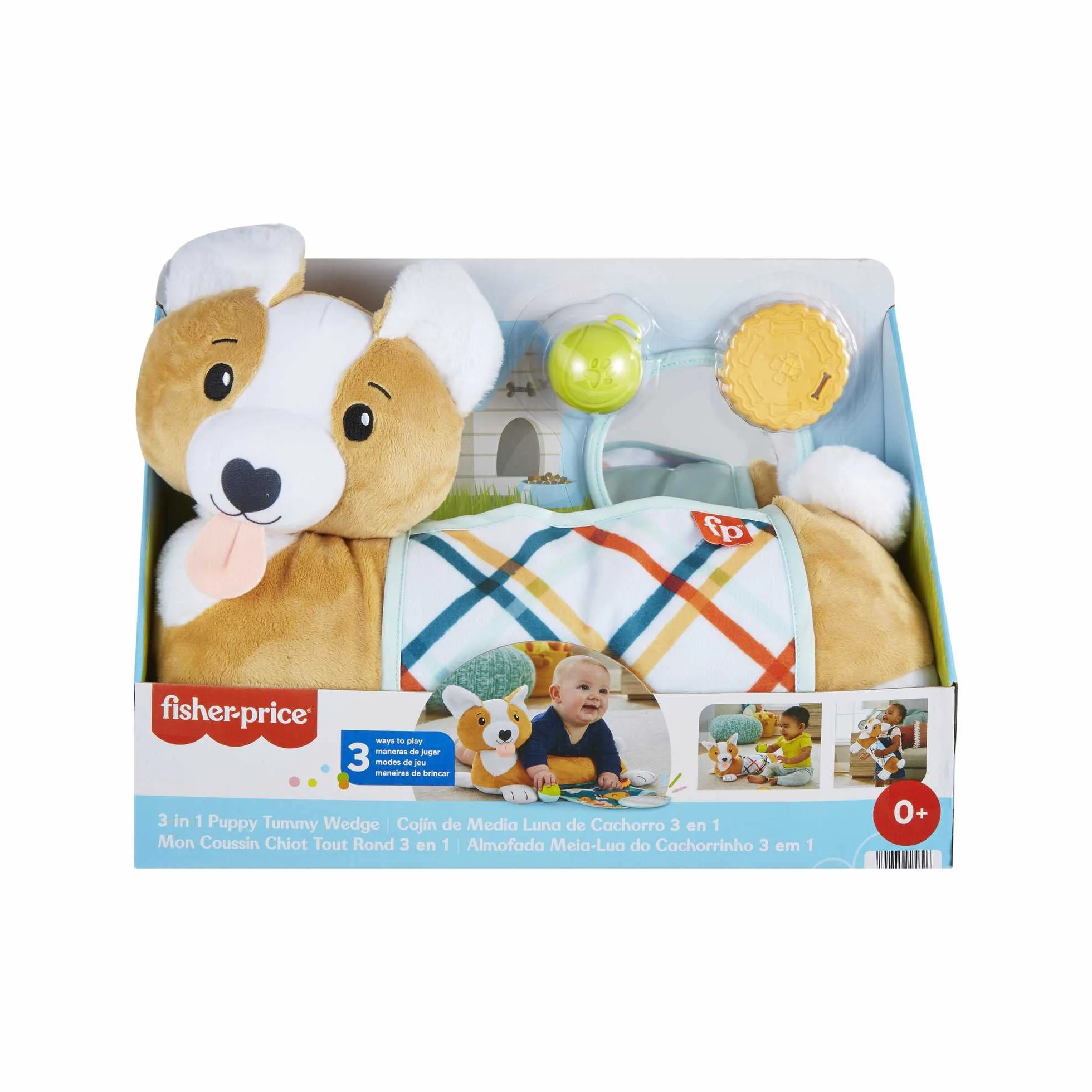 Fisher-Price Piesek 3 w 1 Poduszeczka pod brzuszek z grzechotką, gryzaczkiem bez bisfenolu A i lusterkiem, HJW10