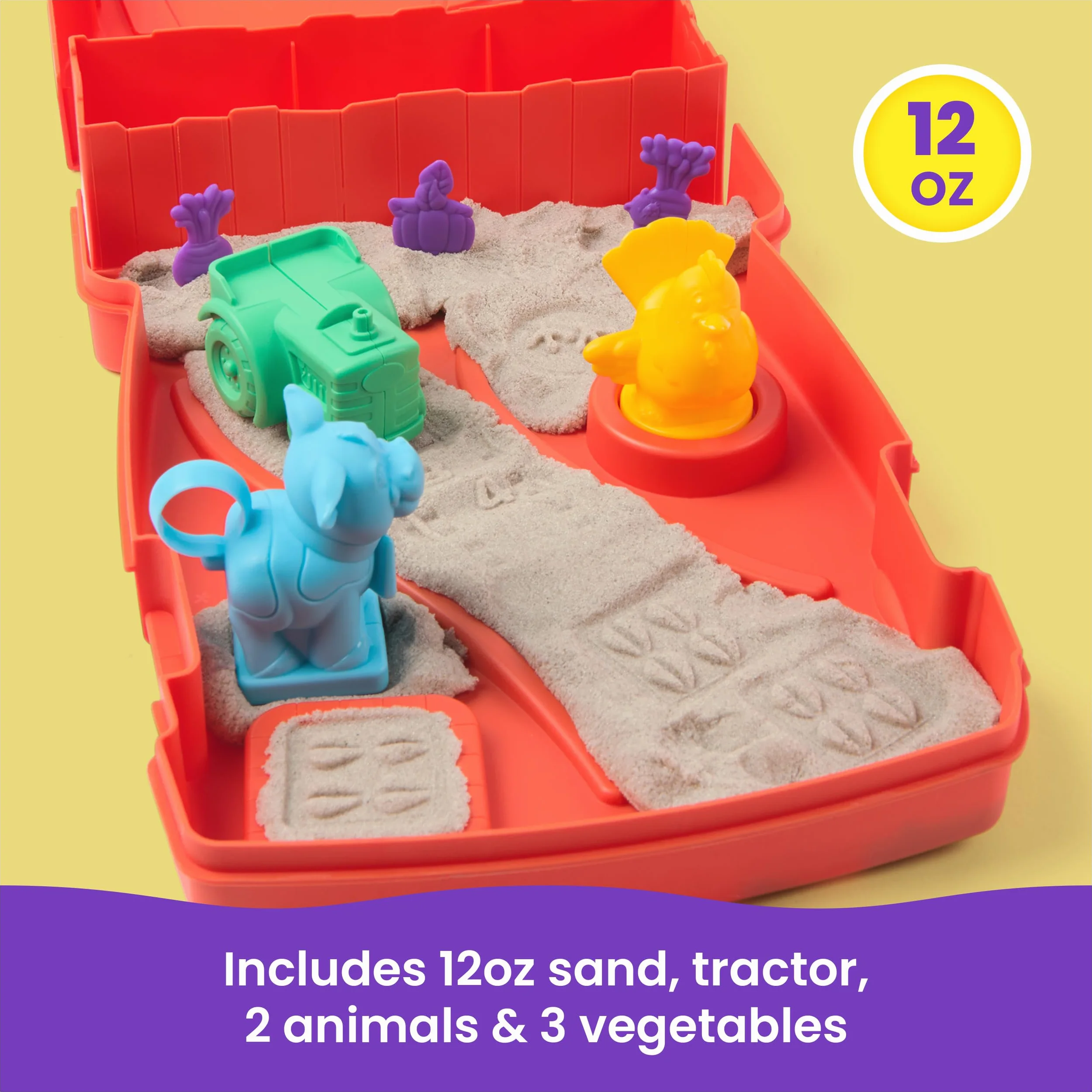 Kinetic Sand, zestaw Sandy Farm z 340 g piasku do zabawy, 6 narzędzi i foremek, walizka wielokrotnego użytku, zabawki dla maluchów, zabawki dla dziewczynek i chłopców w wieku od 3 lat